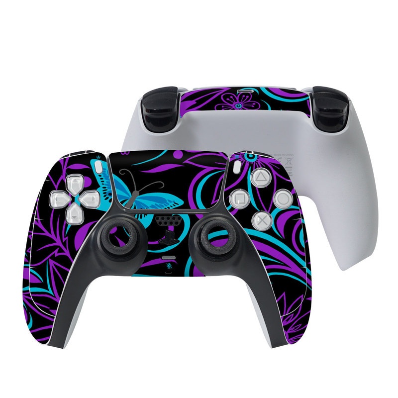 PlayStation 5 Controller Skin design of Pattern, Purple, Violet, Turquoise, Teal, Design, Floral design, Visual arts, Magenta, Motif with black, purple, blue colors