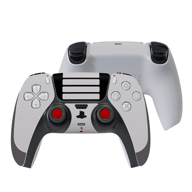 PlayStation 5 Controller Skin design of Text, Font, Red, Product, Logo, Brand, Material property, Graphics, Rectangle with gray, black, red colors