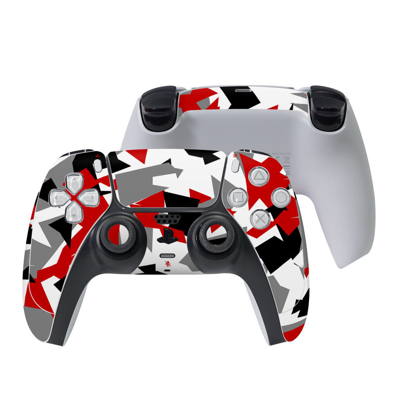 PlayStation 5 Controller Skin design of Red, Pattern, Font, Design, Textile, Carmine, Illustration, Flag, Crowd, with red, white, black, gray colors
