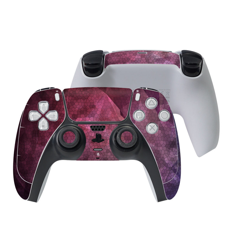 PlayStation 5 Controller Skin design of Purple, Sky, Red, Violet, Pink, Pattern, Design, Triangle, Line, Magenta with black, red, purple, pink, white colors
