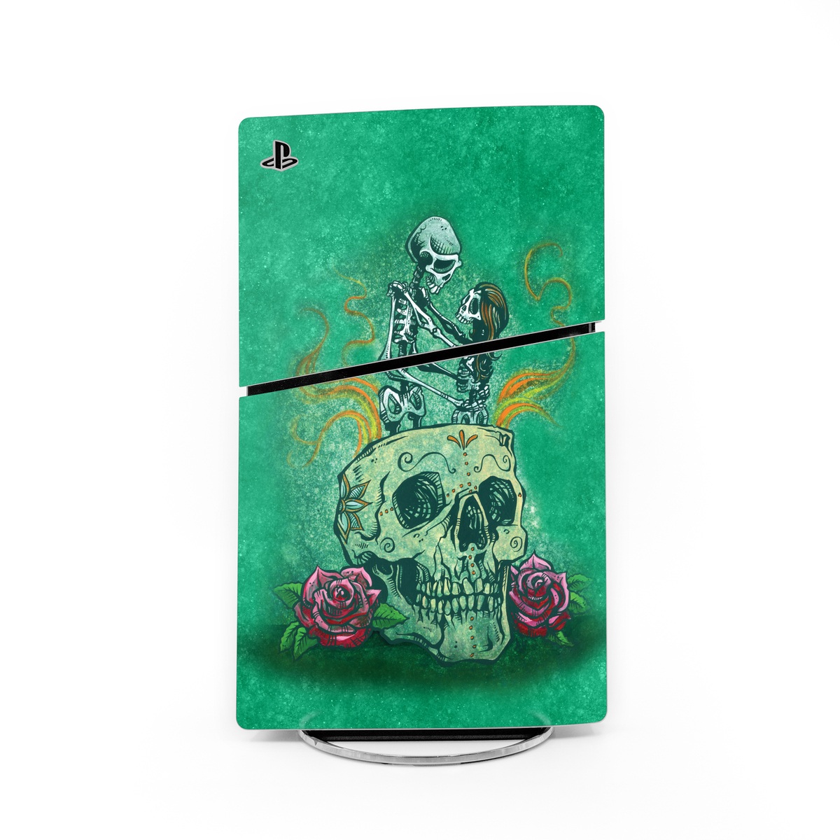 PlayStation 5 Slim Skin design of Bone, Skull, Aqua, Pattern, Electric blue, Fashion accessory, Font, Fictional character, Art, Grass, with green, pink, red, yellow, orange, white, gray colors