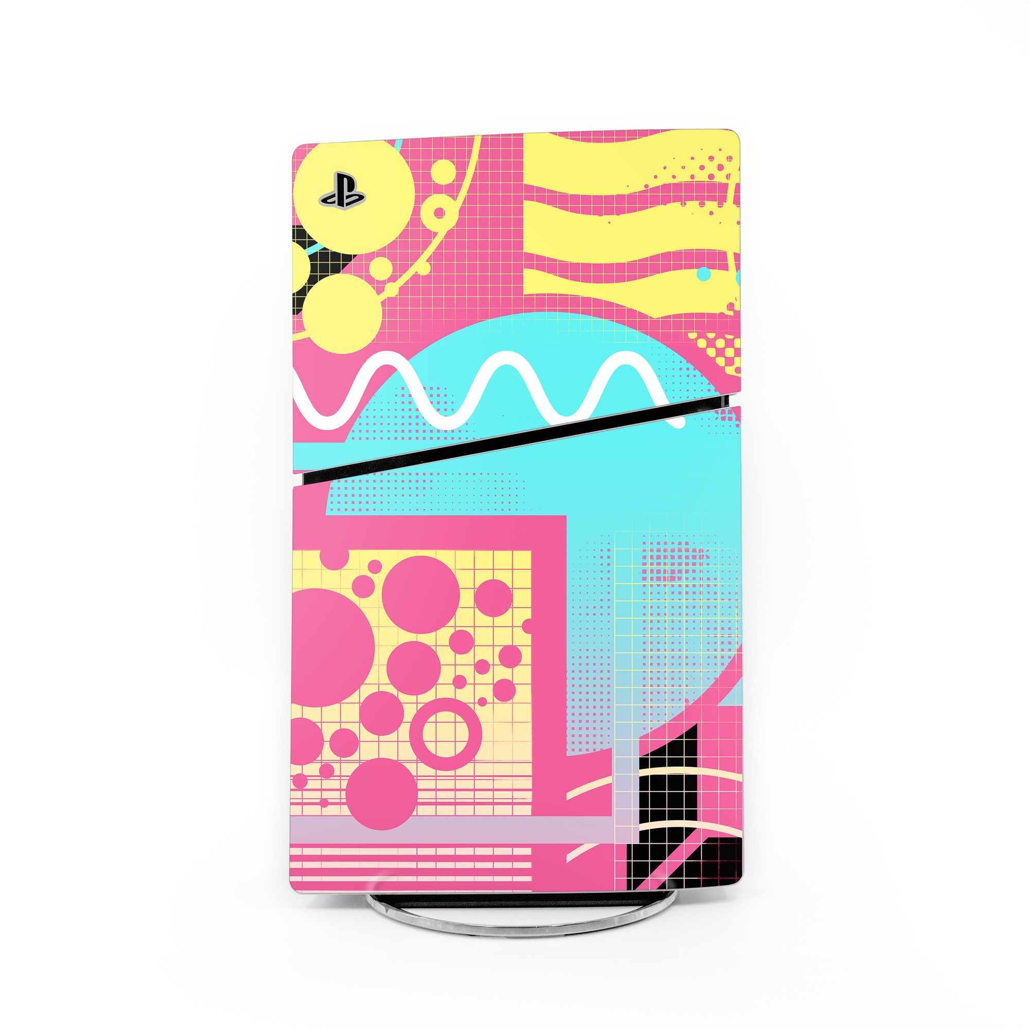 PlayStation 5 Slim Skin design of Textile, Organism, Font, Art, Pink, Rectangle, Line, Aqua, Magenta, Circle, with pink, yellow, blue, black, white colors