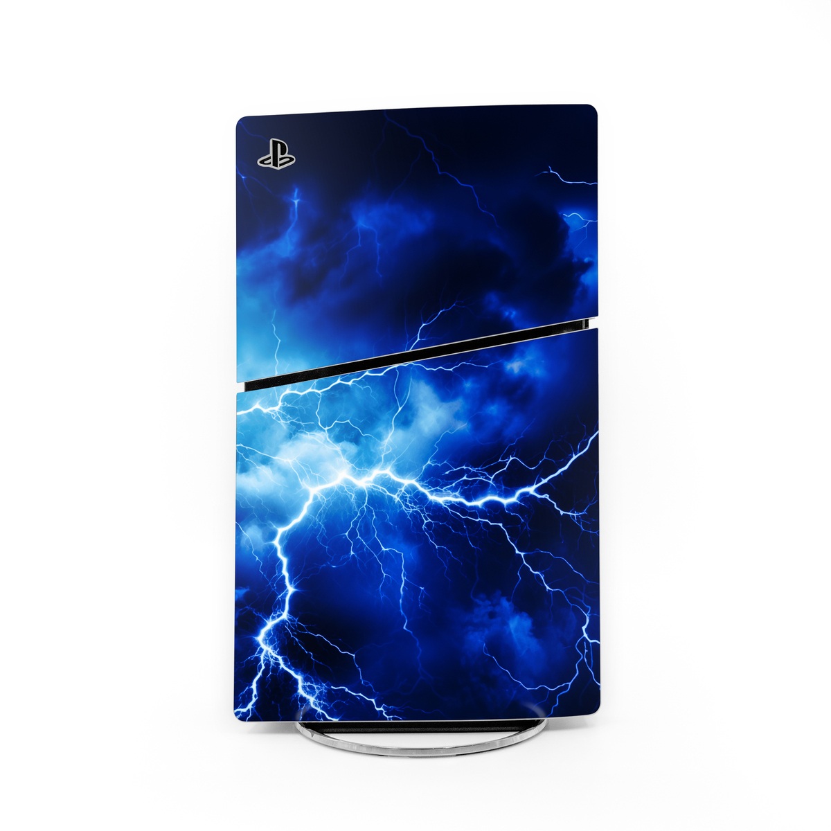 PlayStation 5 Slim Skin design of Thunder, Sky, Atmosphere, Daytime, Cloud, Water, Lightning, Light, Azure, Natural environment, with black, blue colors