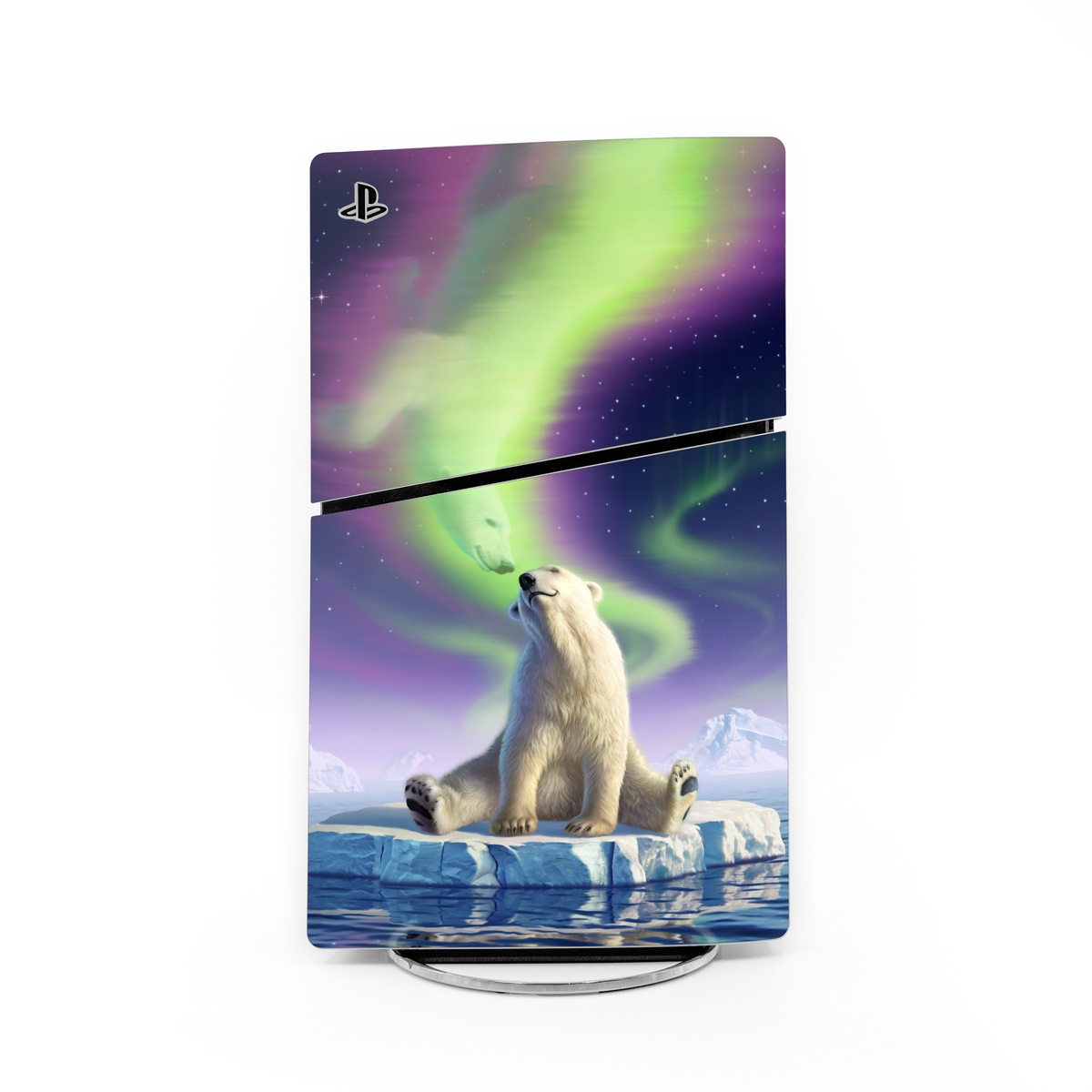 PlayStation 5 Slim Skin design of Aurora, Sky, Wildlife, Polar bear, Fictional character, with white, blue, green, purple colors