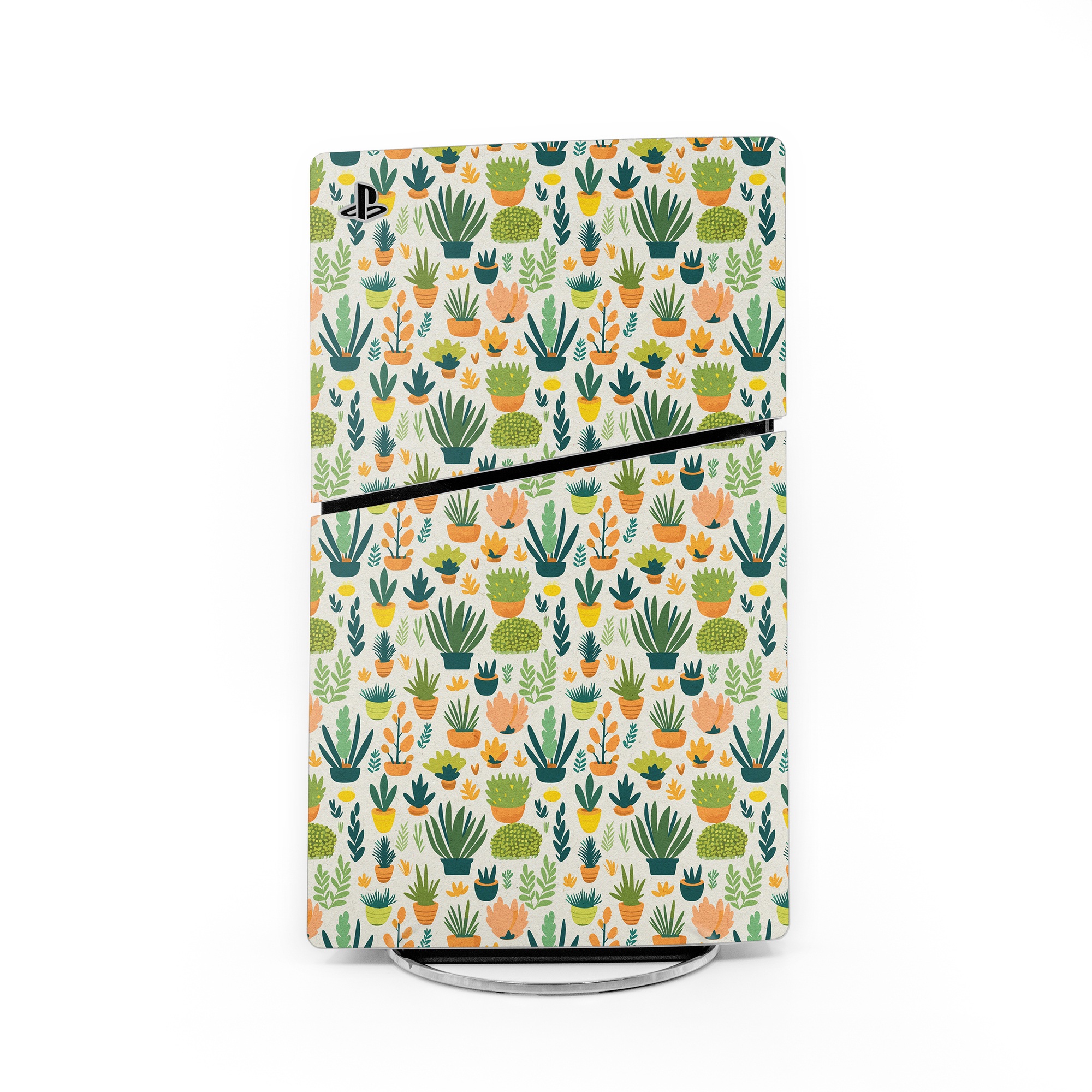 PlayStation 5 Slim Skin design of Flower, Plant, Petal, Textile, Botany, Art, Creative arts, Flowering plant, Porcelain, Groundcover, with white, green, brown, yellow, orange colors
