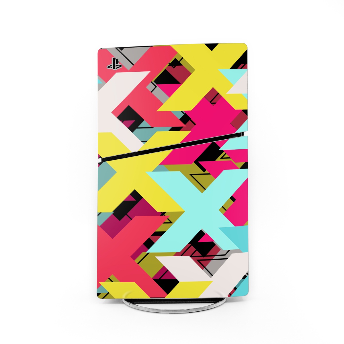 PlayStation 5 Slim Skin design of Pattern, Graphic design, Line, Design, Triangle, Font, Illustration, Magenta, Visual arts, with yellow, blue, white, black, red, pink colors
