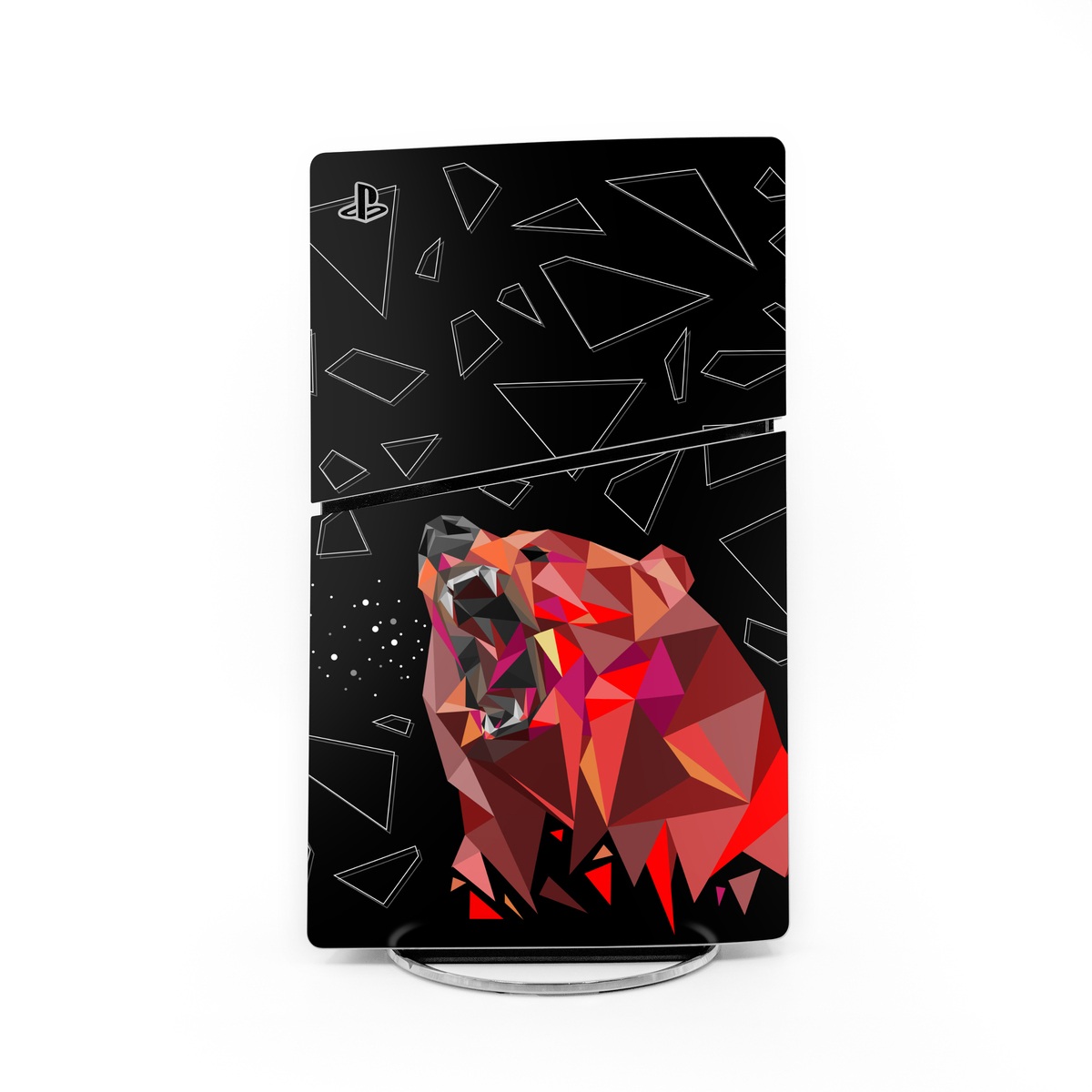 PlayStation 5 Slim Skin design of Graphic design, Triangle, Font, Illustration, Design, Art, Visual arts, Graphics, Pattern, Space, with black, red colors