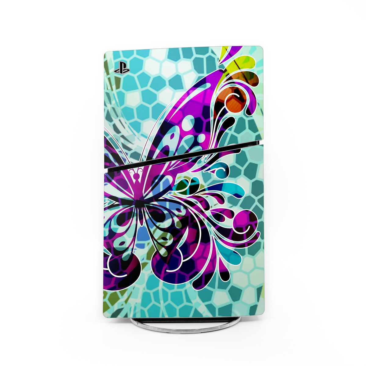 PlayStation 5 Slim Skin design of Butterfly, Pattern, Insect, Moths and butterflies, Purple, Graphic design, Design, Pollinator, Visual arts, Magenta, with blue, green, purple colors