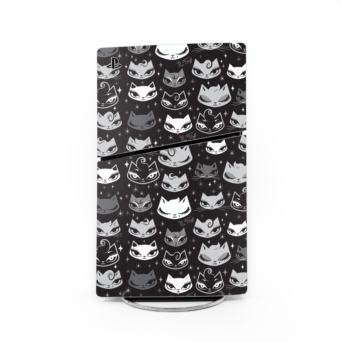 PlayStation 5 Slim Skin design of Pattern, Design, Headgear, Hat, Smile, Team, Crowd, with black, white, gray colors