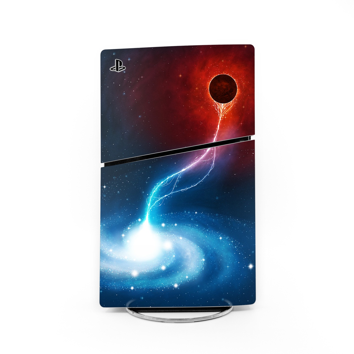 PlayStation 5 Slim Skin design of Outer space, Atmosphere, Astronomical object, Universe, Space, Sky, Planet, Astronomy, Celestial event, Galaxy, with blue, red, black colors