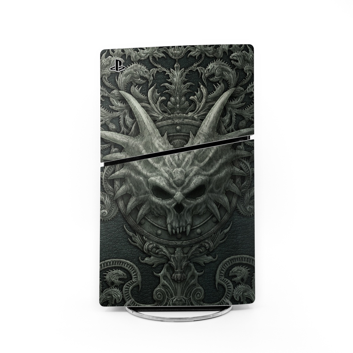 PlayStation 5 Slim Skin design of Demon, Dragon, Fictional character, Illustration, Supernatural creature, Drawing, Symmetry, Art, Mythology, Mythical creature, with black, gray colors