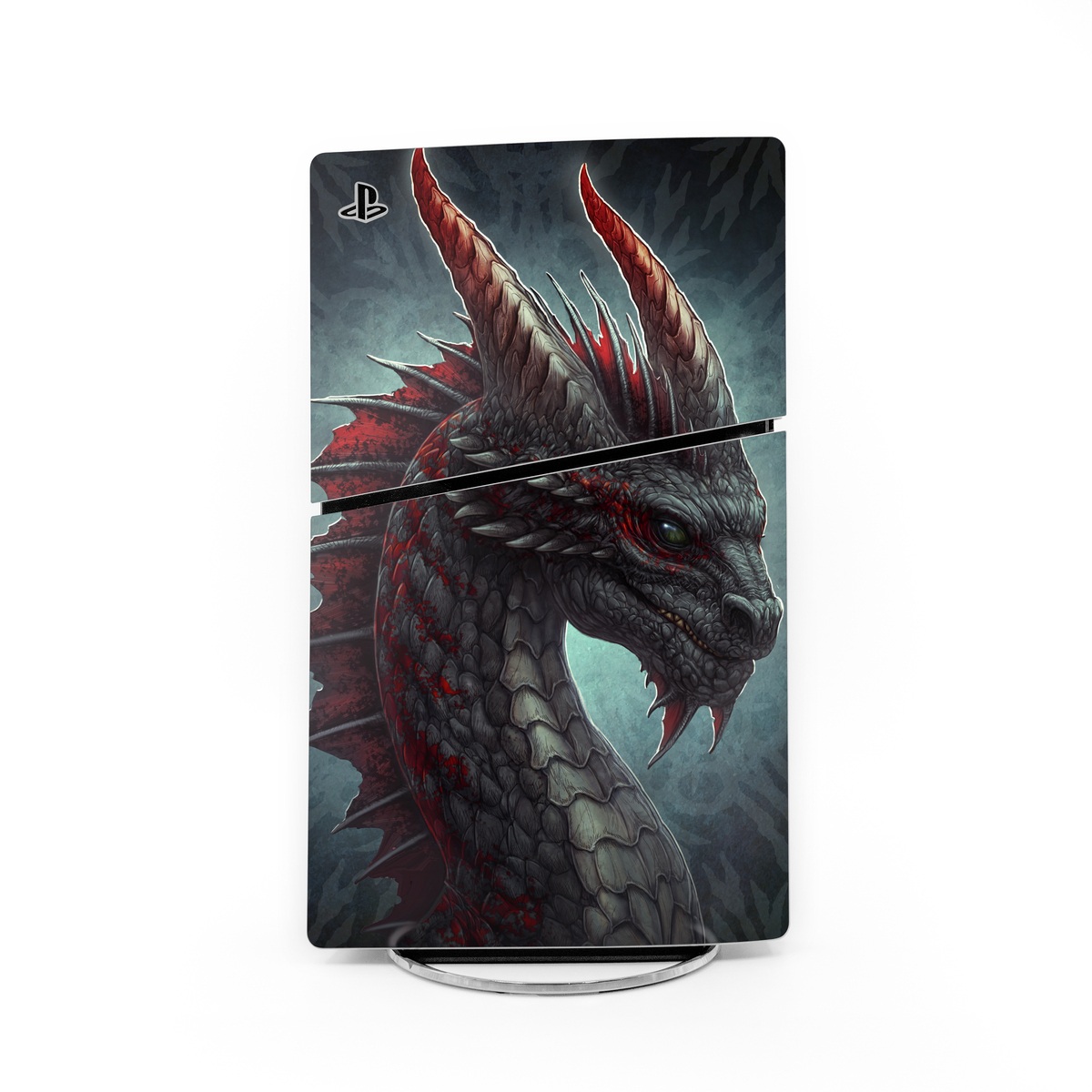 PlayStation 5 Slim Skin design of Dragon, Fictional character, Mythical creature, Demon, Cg artwork, Illustration, Green dragon, Supernatural creature, Cryptid, with red, gray, blue colors