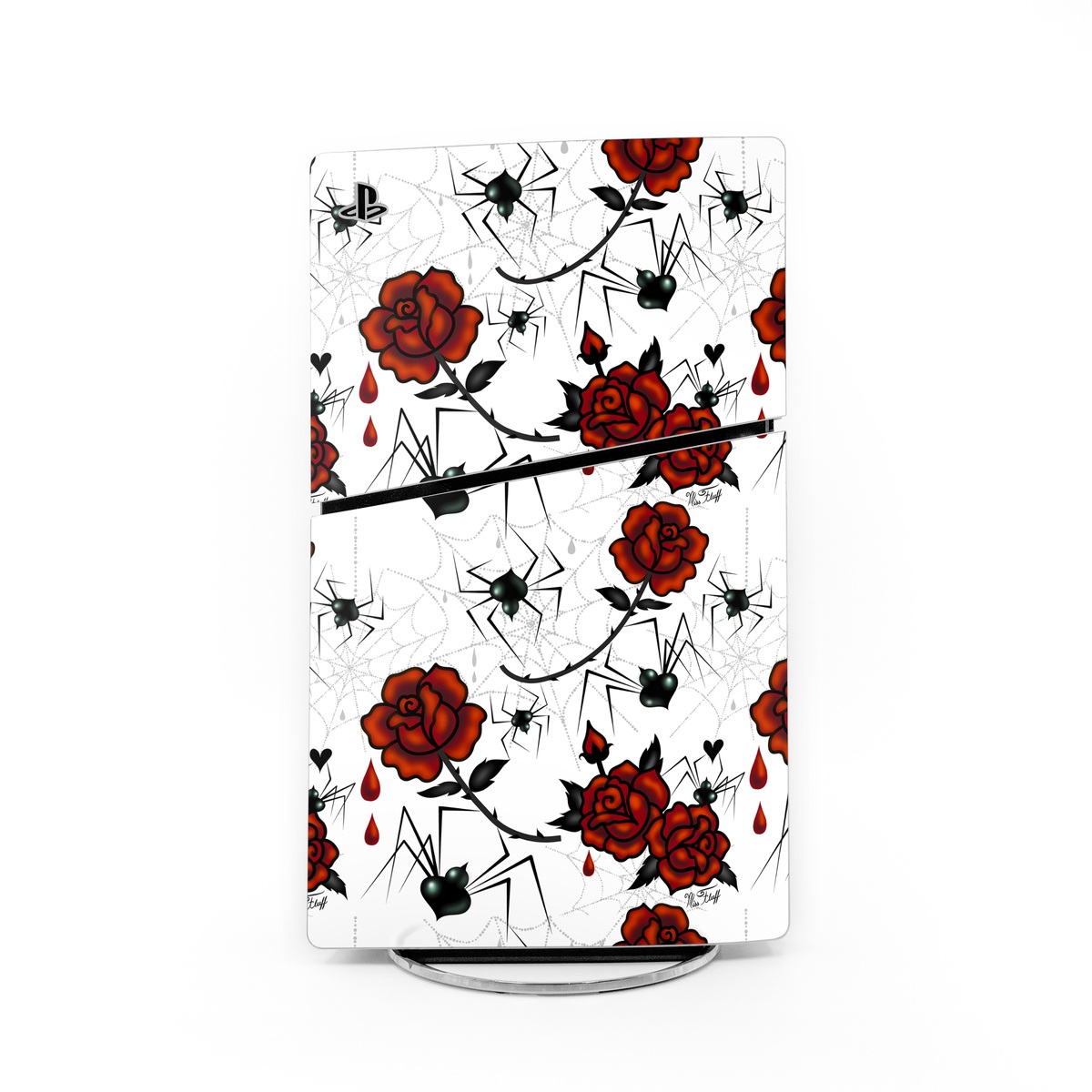 PlayStation 5 Slim Skin design of Red, Pattern, Flower, Plant, Design, Floral design, Petal, Coquelicot, Wildflower, Rose, with black, white, red colors
