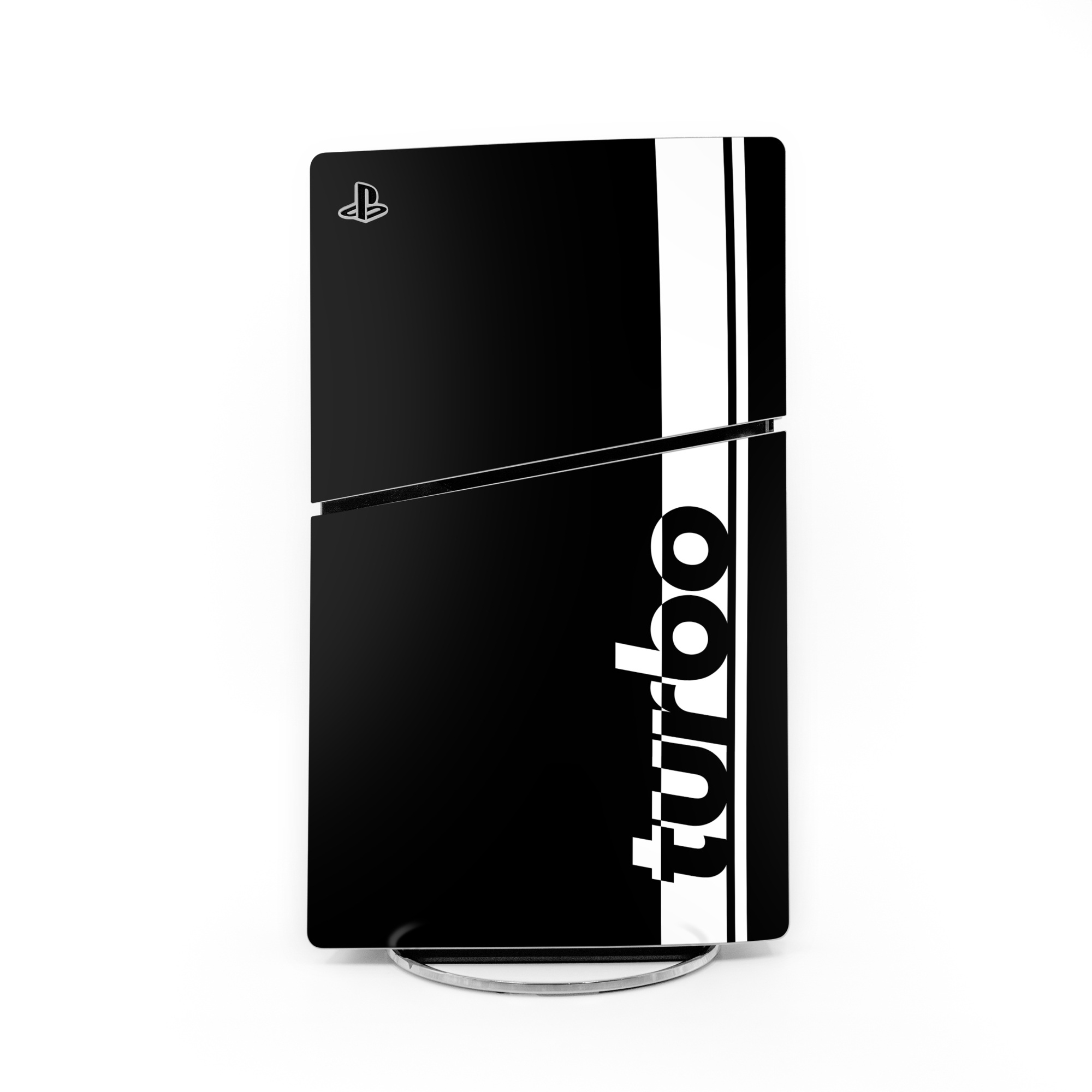 PlayStation 5 Slim Skin design of Font, Tints and shades, Rectangle, Electric blue, Logo, Brand, Graphics, Pattern, Darkness, Monochrome photography, with black, white colors