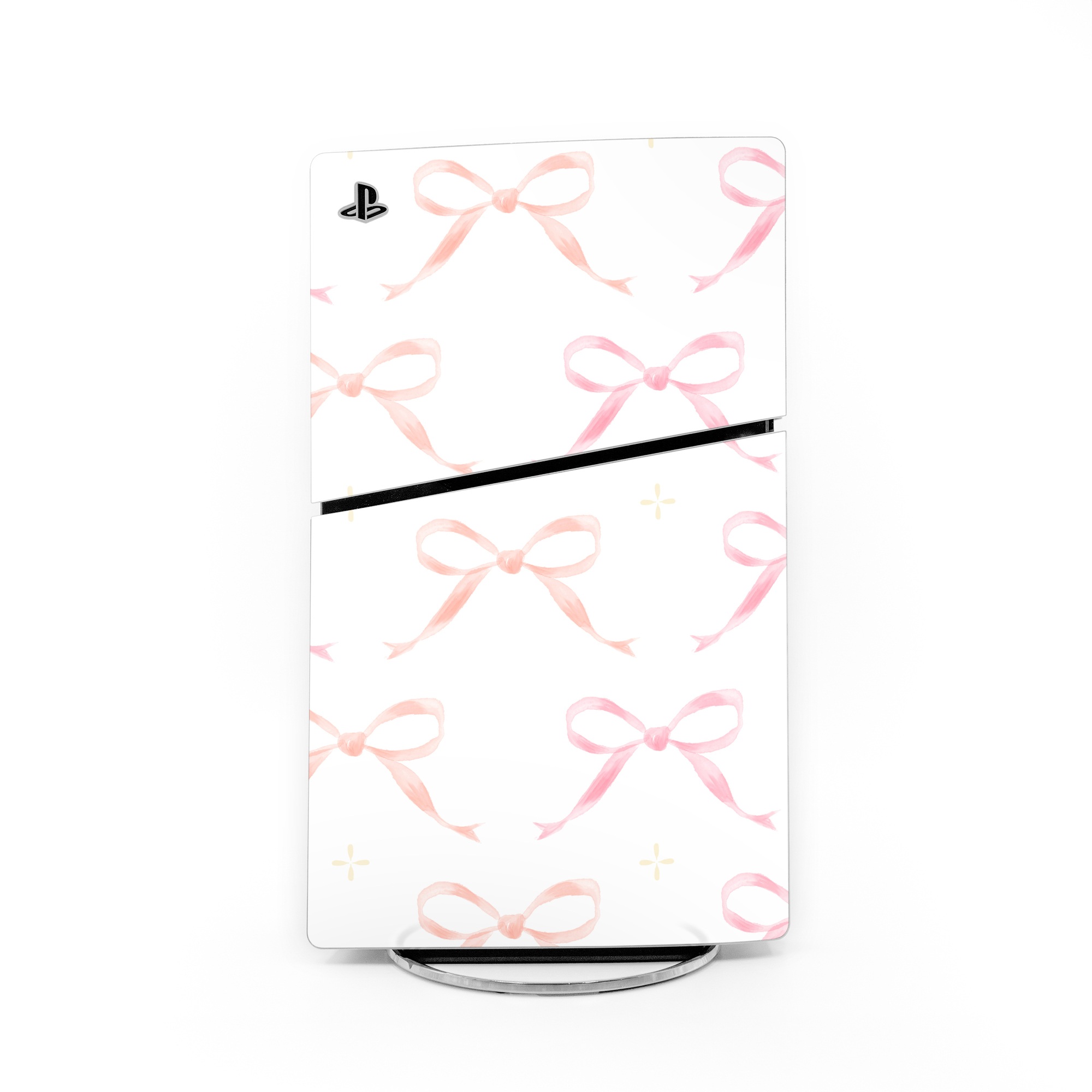 PlayStation 5 Slim Skin design of Textile, Rectangle, Pink, Motif, Font, Magenta, Symmetry, Pattern, Art, Peach, with white, pink, orange colors