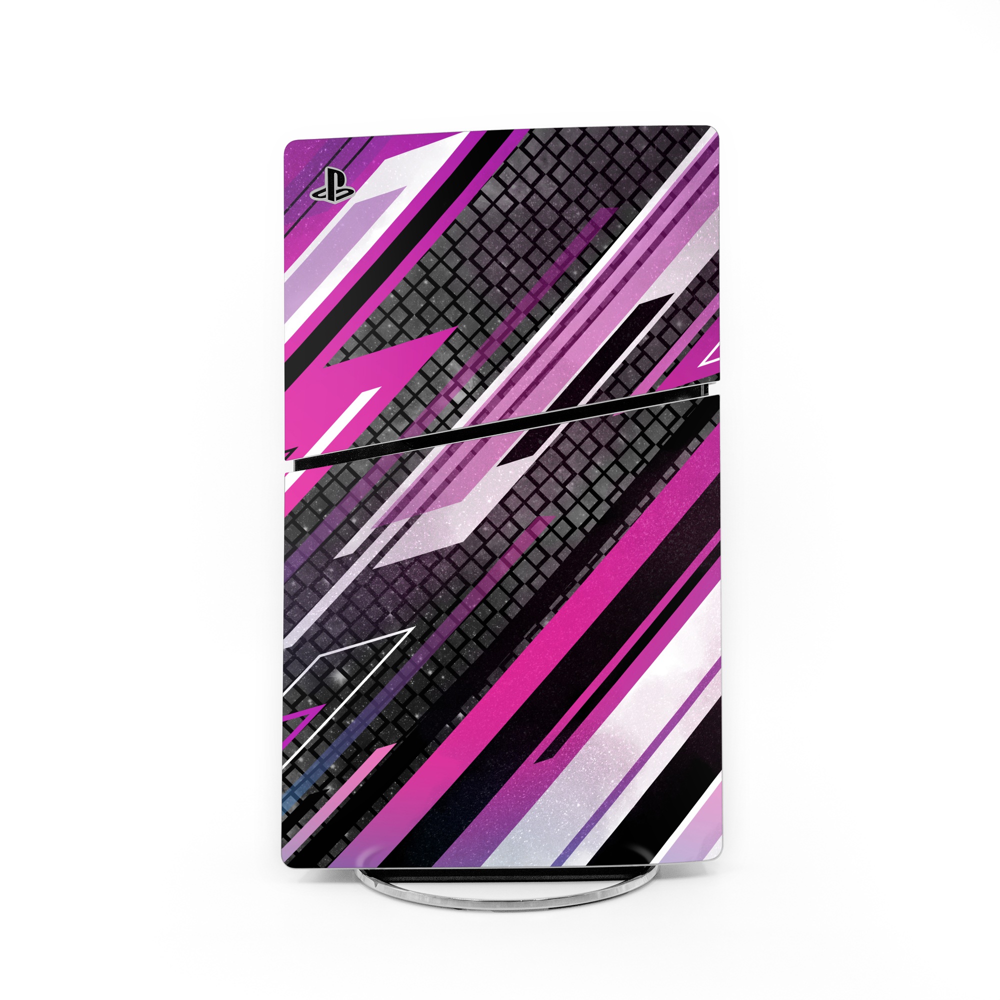 PlayStation 5 Slim Skin design of Automotive lighting, Hood, Grille, Purple, Automotive design, Automotive exterior, Violet, Motor vehicle, Pink, Line, with black, purple, white, gray, pink colors