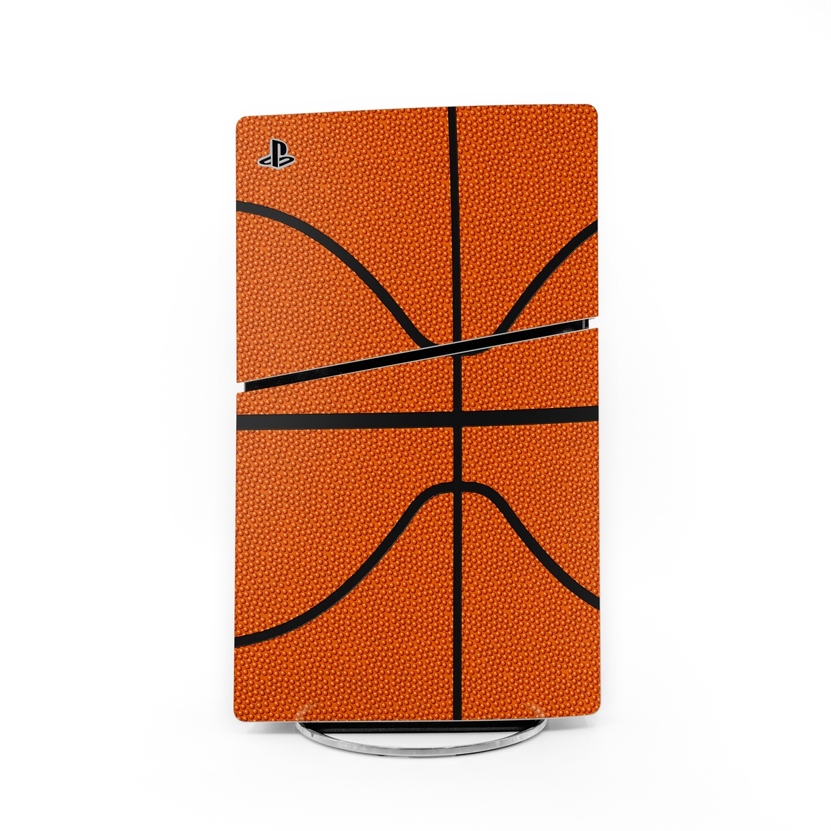 PlayStation 5 Slim Skin design of Orange, Basketball, Line, Pattern, Sport venue, Brown, Yellow, Design, Net, Team sport, with orange, black colors
