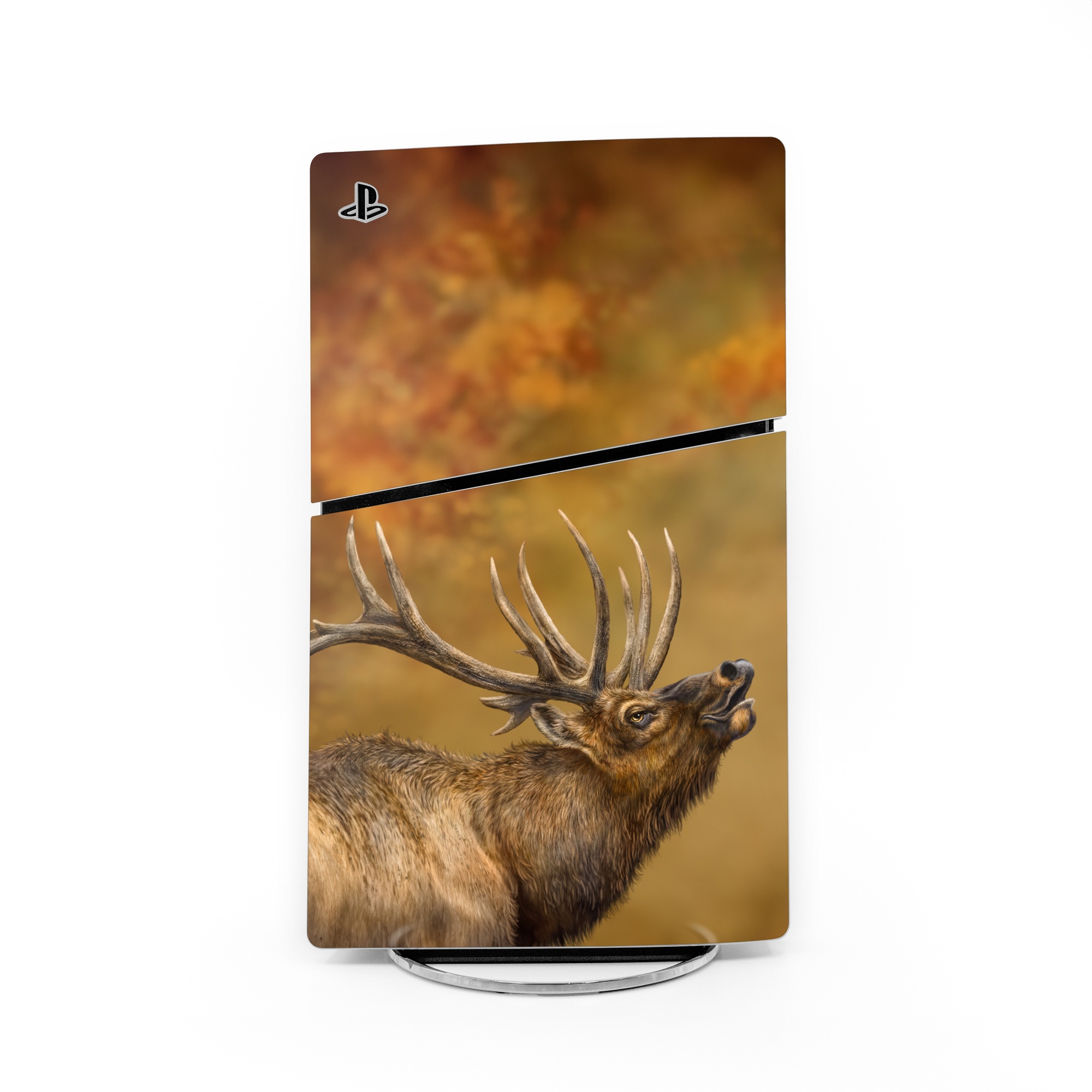 PlayStation 5 Slim Skin design of Head, Deer, Natural material, Barren ground Caribou, Fawn, Terrestrial animal, Horn, Elk, Snout, Reindeer, with brown, black, orange, yellow, gray colors