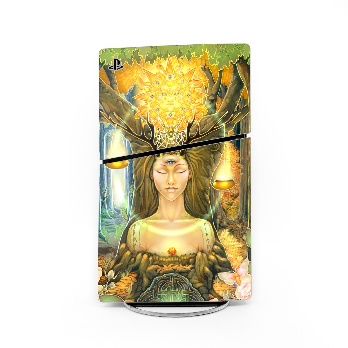PlayStation 5 Slim Skin design of Painting, Art, Illustration, Plant, Fictional character, Mythology, Cg artwork, Visual arts, Glass, Drawing, with yellow, green, brown, pink, orange, black colors