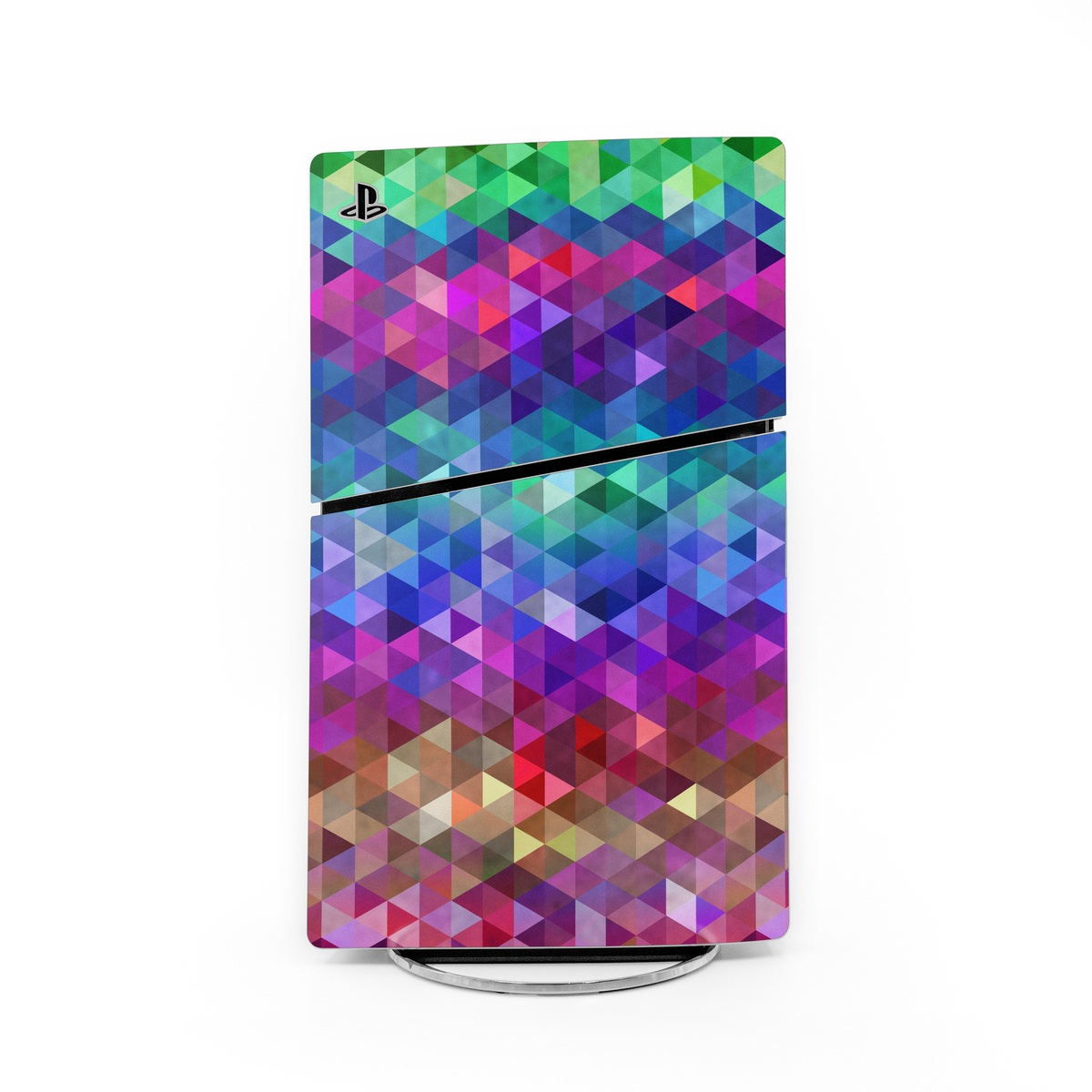 PlayStation 5 Slim Skin design of Purple, Violet, Pattern, Blue, Magenta, Triangle, Line, Design, Graphic design, Symmetry, with blue, purple, green, red, pink colors