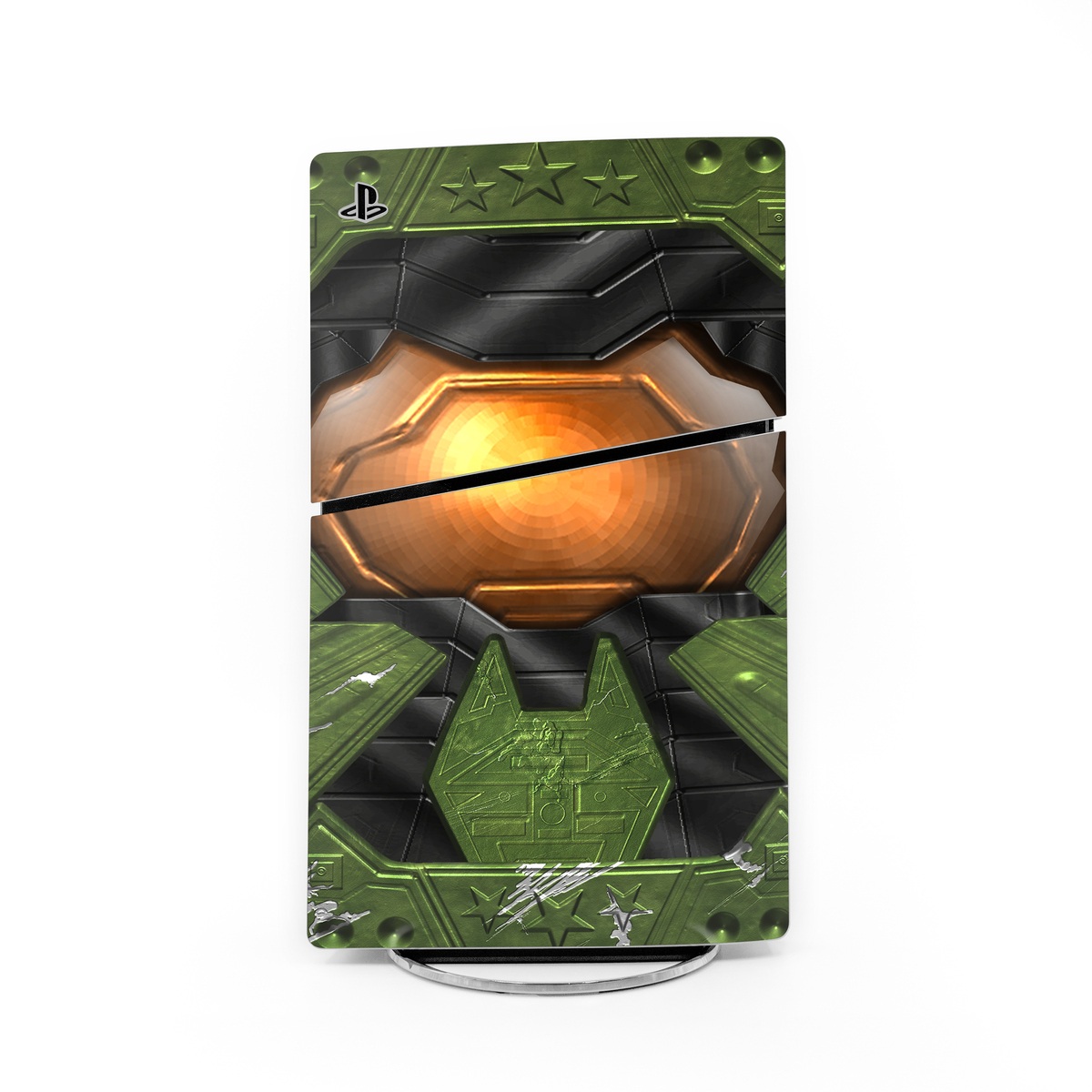 PlayStation 5 Slim Skin design of Green, Fictional character, Games, Fiction, Pc game, Illustration, Strategy video game, Digital compositing, Art, Screenshot, with green, yellow, orange, black colors