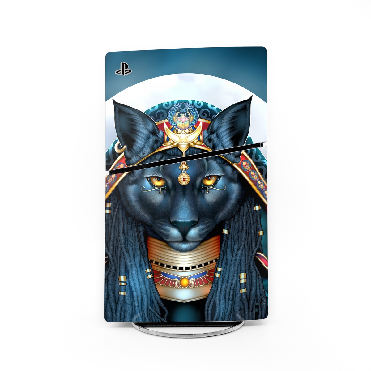 PlayStation 5 Slim Skin design of Jaw, Font, Whiskers, Toy, Snout, Personal protective equipment, Fictional character, Electric blue, Graphics, Mask, with black, white, red, blue, yellow, orange colors