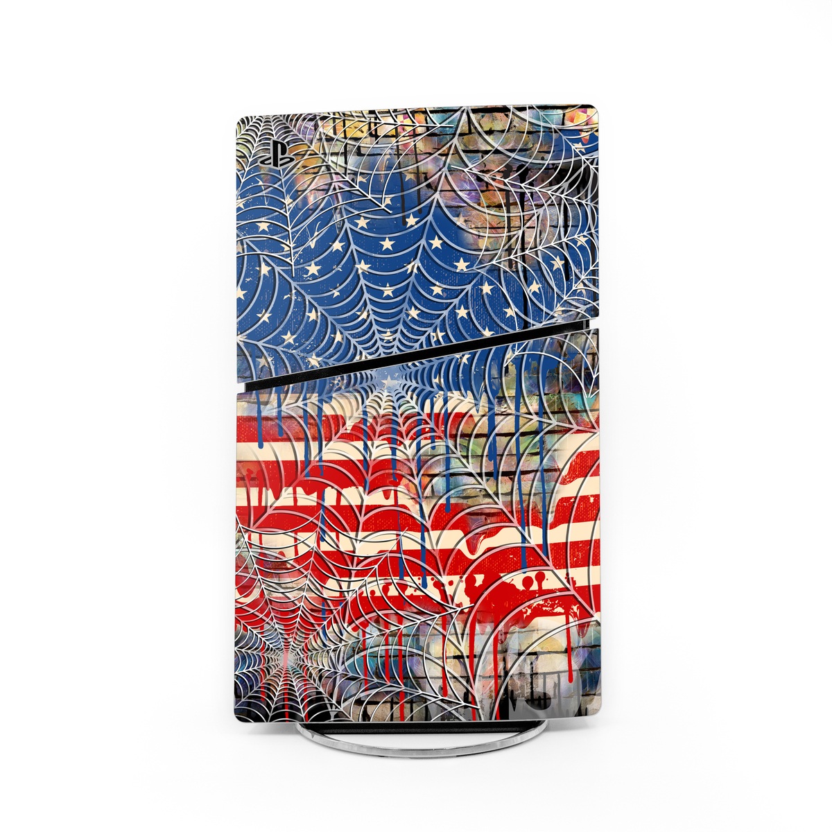 PlayStation 5 Slim Skin design of Graffiti, Art, Pattern, Flag, Street art, Line, Textile, Mural, Modern art, with red, blue, white, black colors