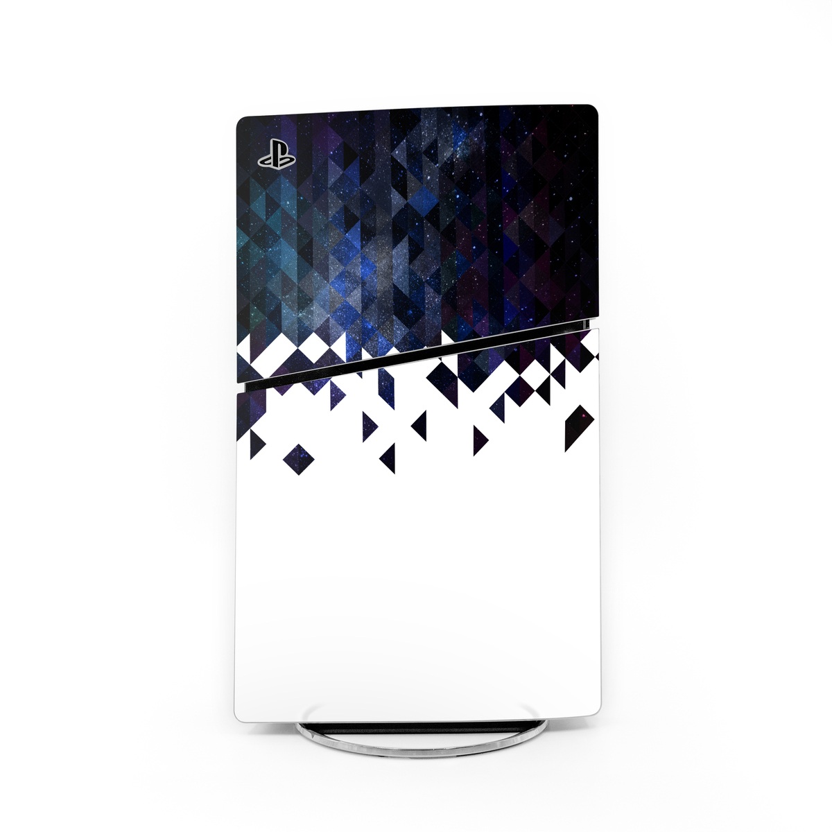 PlayStation 5 Slim Skin design of Text, Pattern, Graphic design, Font, Purple, Design, Line, Triangle, Logo, Graphics, with black, blue, white colors