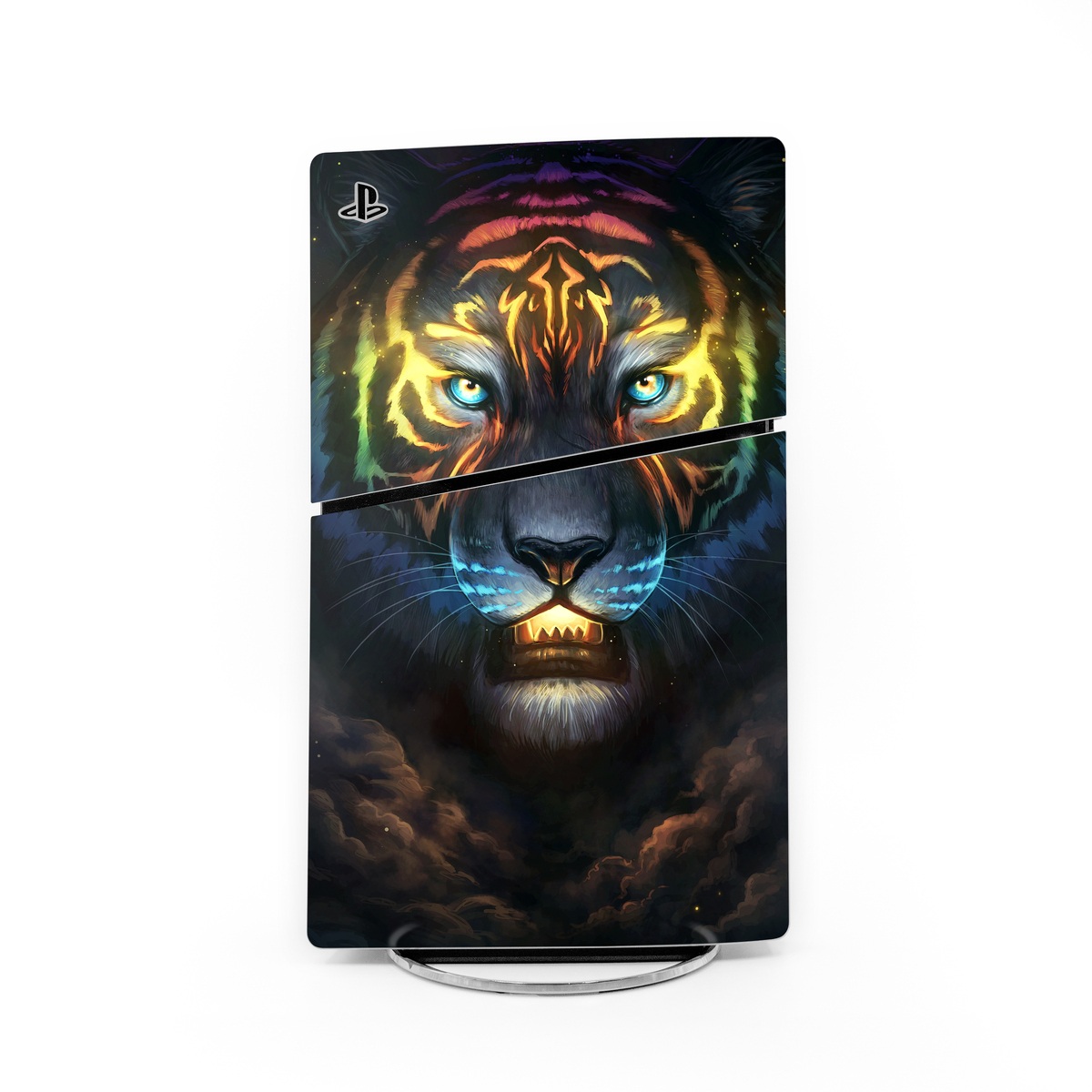PlayStation 5 Slim Skin design of Felidae, Vertebrate, Carnivore, Organism, Painting, Roar, Bengal tiger, Big cats, Art, Whiskers, with black, yellow, orange, red, green, purple, blue colors
