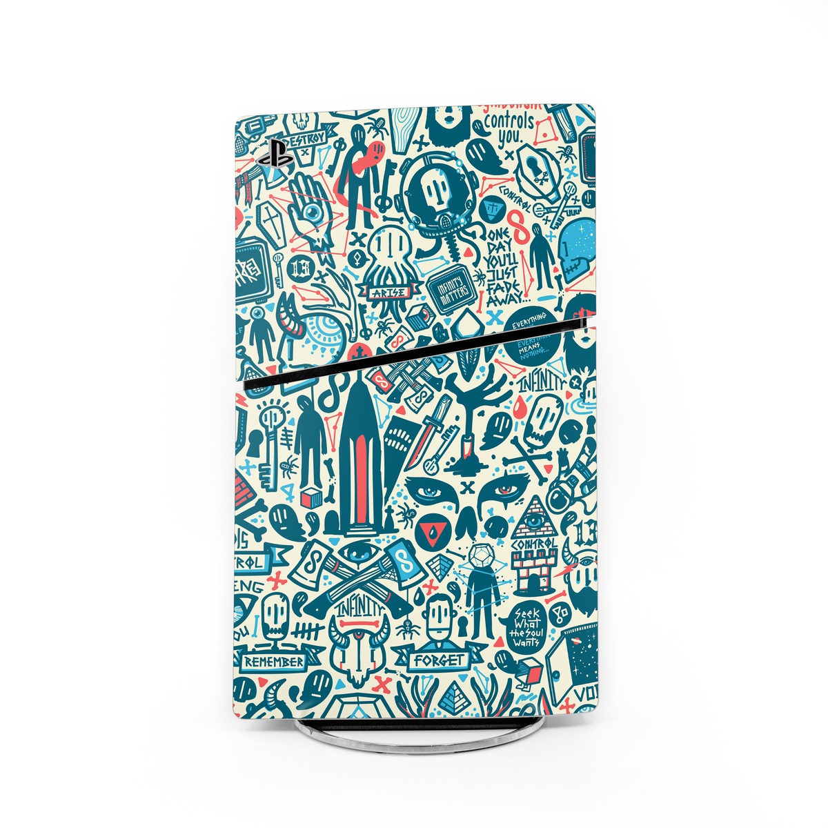 PlayStation 5 Slim Skin design of Pattern, Psychedelic art, Turquoise, Art, Design, Visual arts, Line, Drawing, Doodle, Graphic design, with white, green, blue, red colors