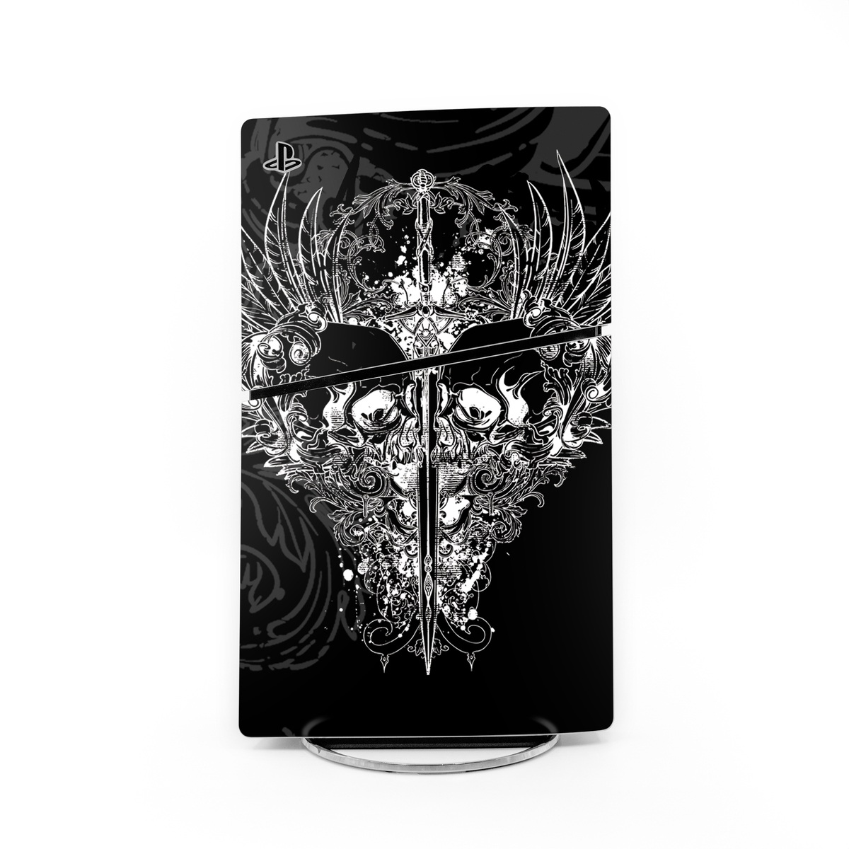 PlayStation 5 Slim Skin design of Illustration, Art, Design, Monochrome, Graphic design, Pattern, Fictional character, Skull, Black-and-white, Graphics, with black, gray colors