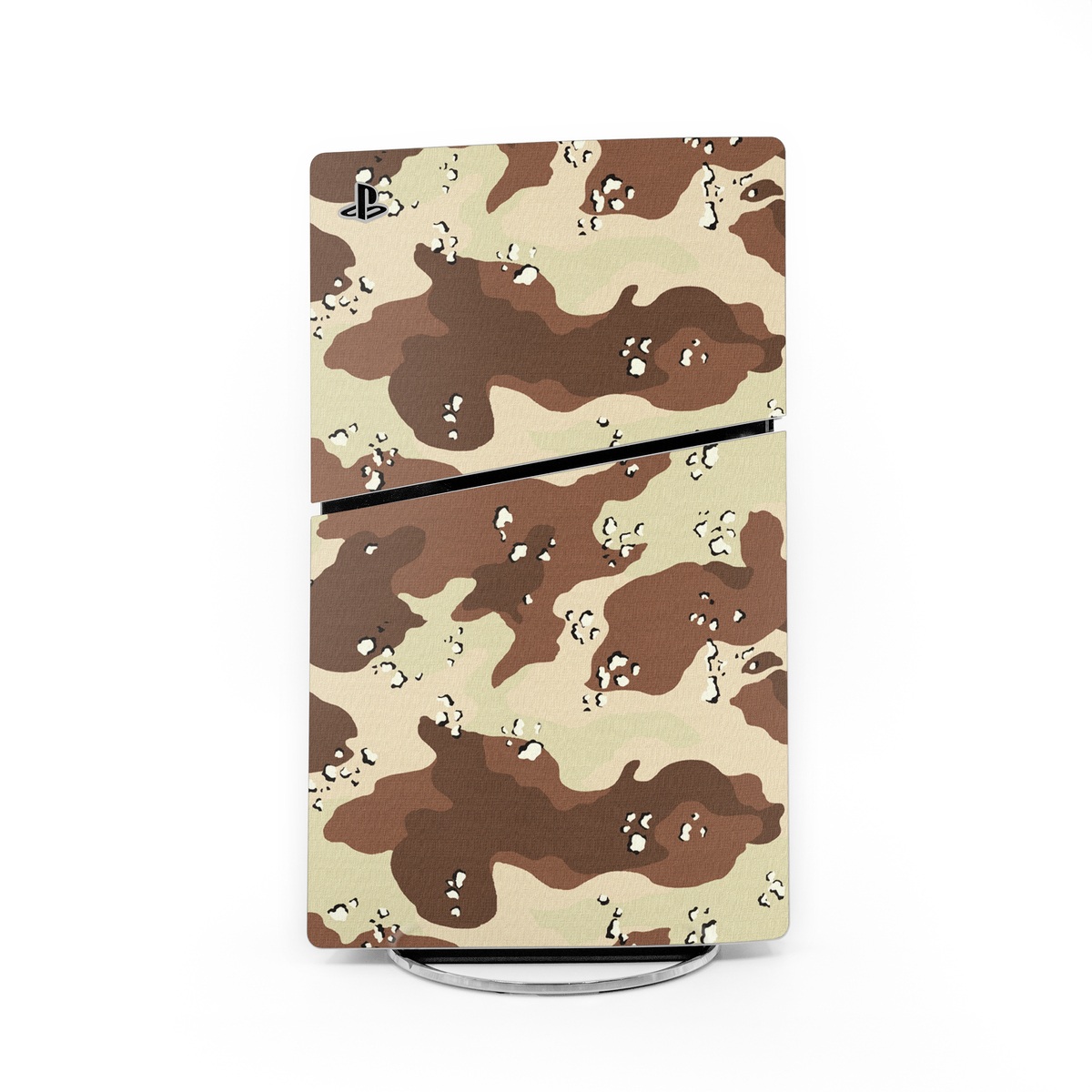 PlayStation 5 Slim Skin design of Military camouflage, Brown, Pattern, Design, Camouflage, Textile, Beige, Illustration, Uniform, Metal, with gray, red, black, green colors