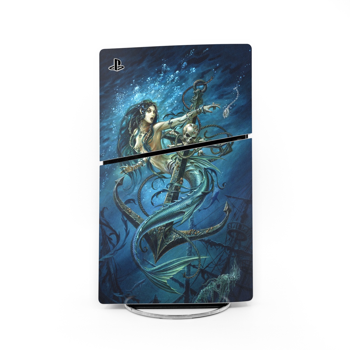 PlayStation 5 Slim Skin design of Mermaid, Cg artwork, Illustration, Fictional character, Art, Mythology, Mythical creature, Graphic design, with blue, green, white, black colors
