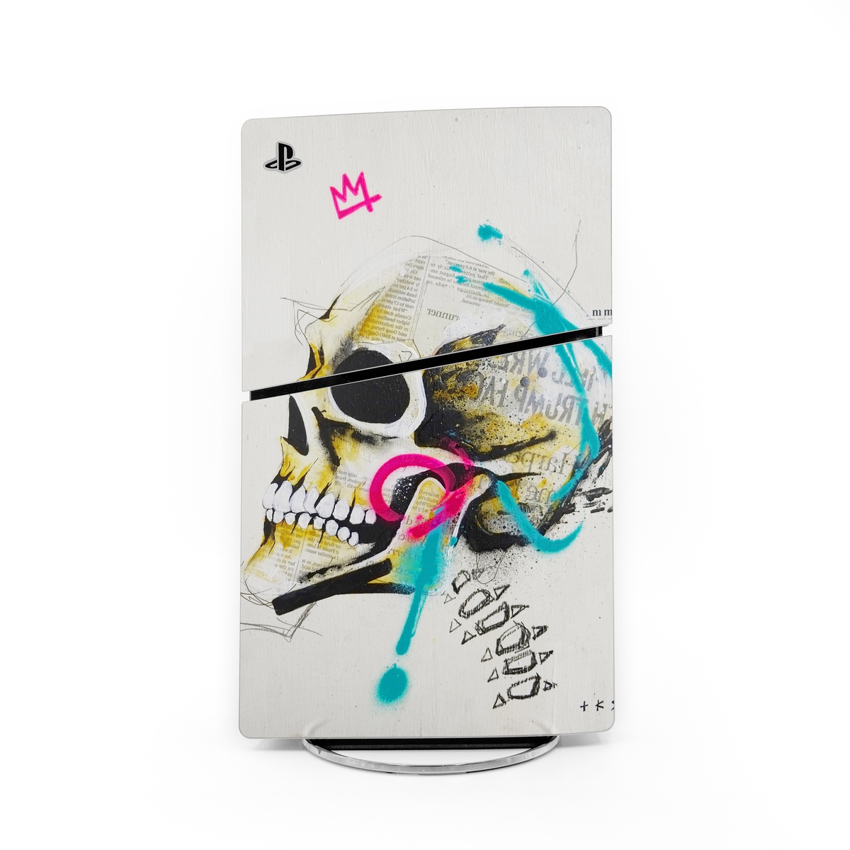 PlayStation 5 Slim Skin design of Graphic design, Skull, Illustration, Art, Bone, Drawing, Visual arts, Font, Modern art, Street art, with blue, pink, yellow, black colors