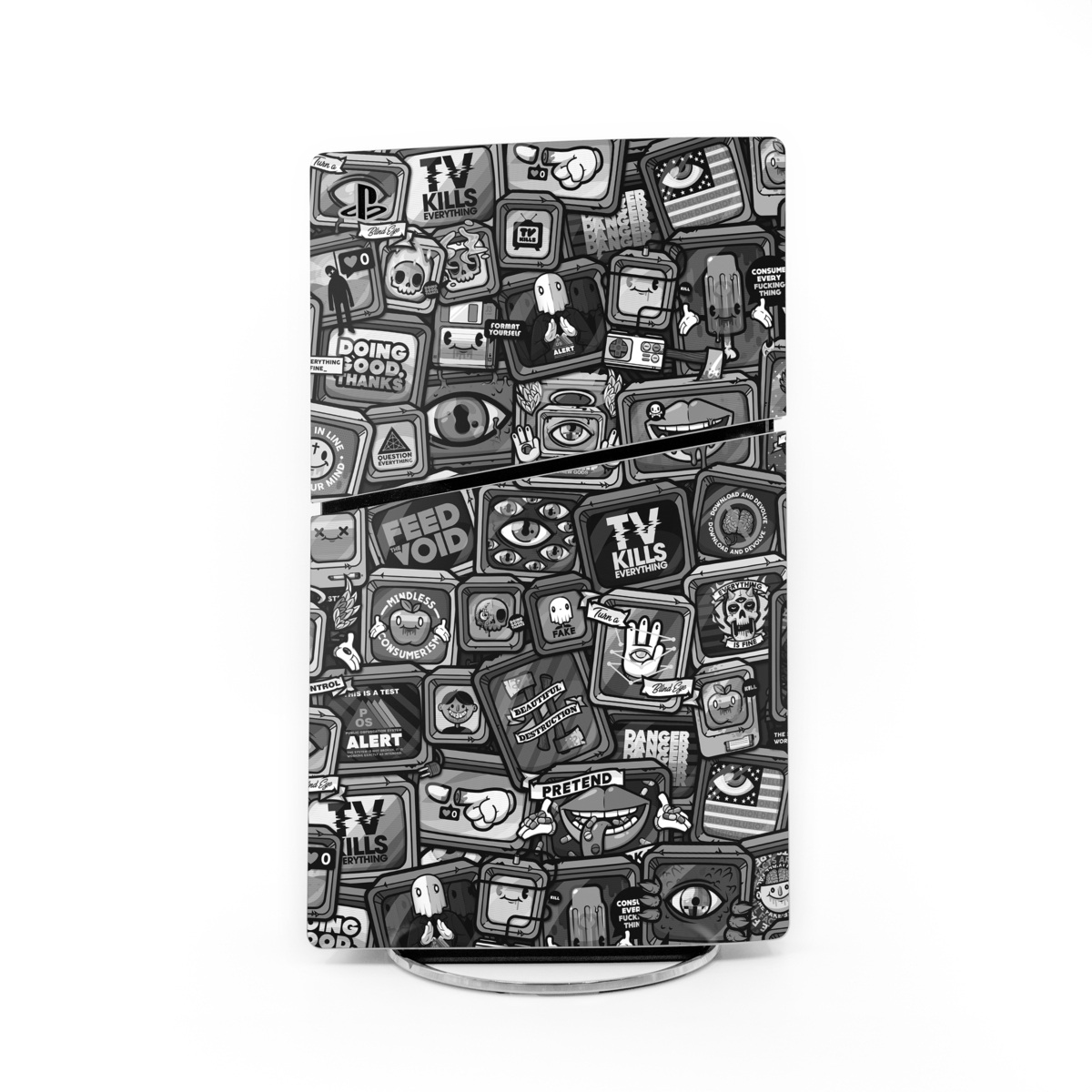 PlayStation 5 Slim Skin design of Font, Text, Pattern, Black-and-white, Design, Photography, Stock photography, Illustration, Monochrome, Drawing, with black, white, gray colors