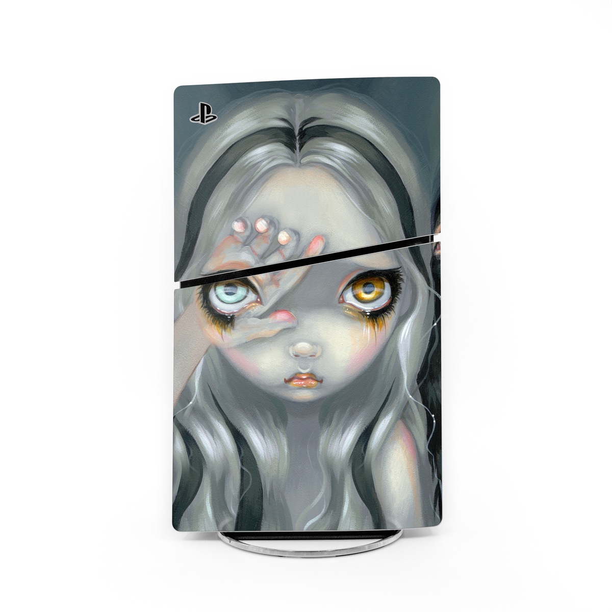 PlayStation 5 Slim Skin design of Face, Head, Cg artwork, Eye, Illustration, Organ, Fictional character, Art, Iris, Darkness, with black, gray, blue, green colors