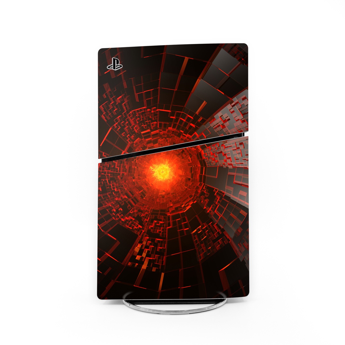 PlayStation 5 Slim Skin design of Red, Fractal art, Light, Circle, Design, Art, Graphics, Symmetry, Pattern, Space, with black, red colors