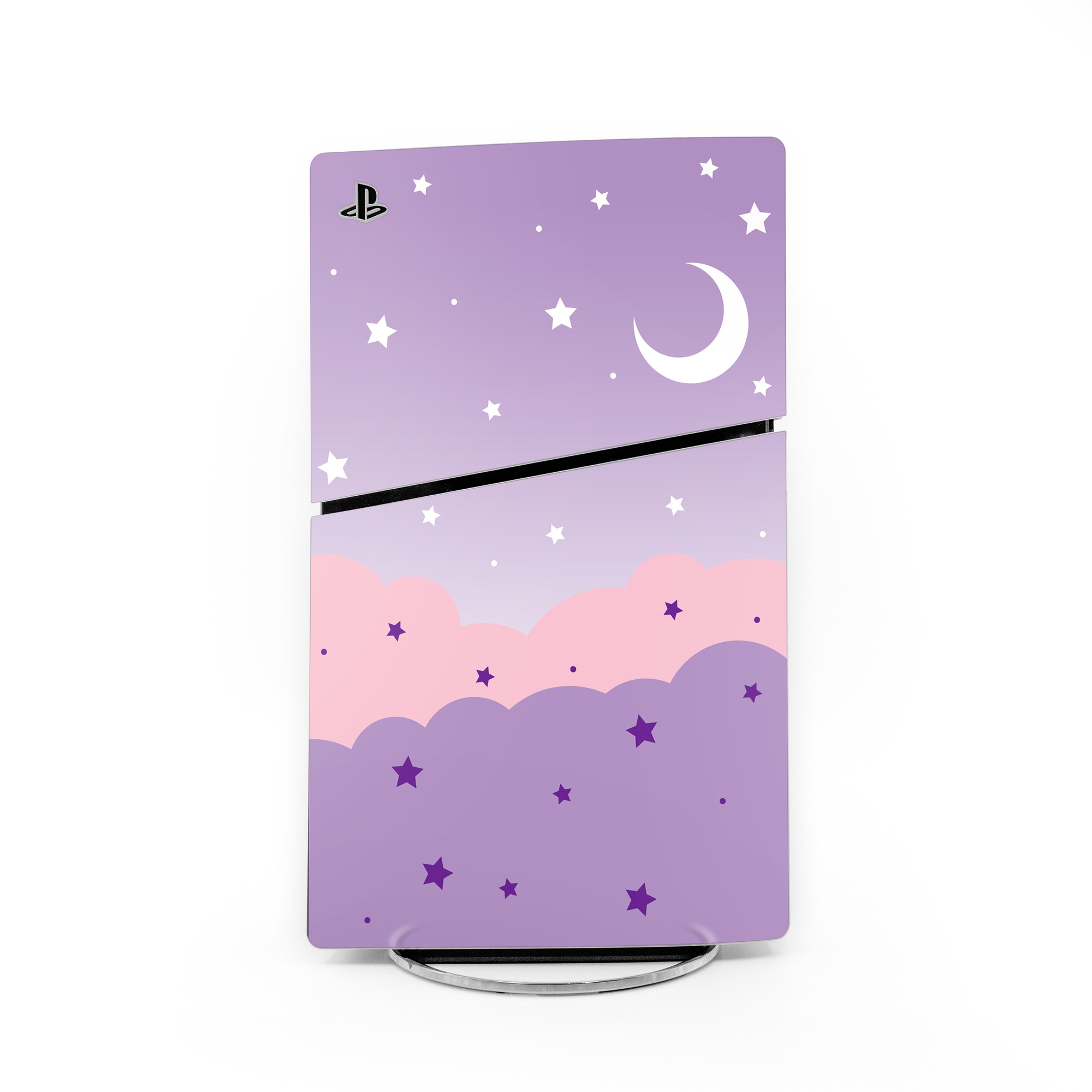 PlayStation 5 Slim Skin design of Astronomical object, Pink, Star, Purple, Crescent, Moon, Graphics, Animation, Wallpaper, Graphic design, with purple, white colors