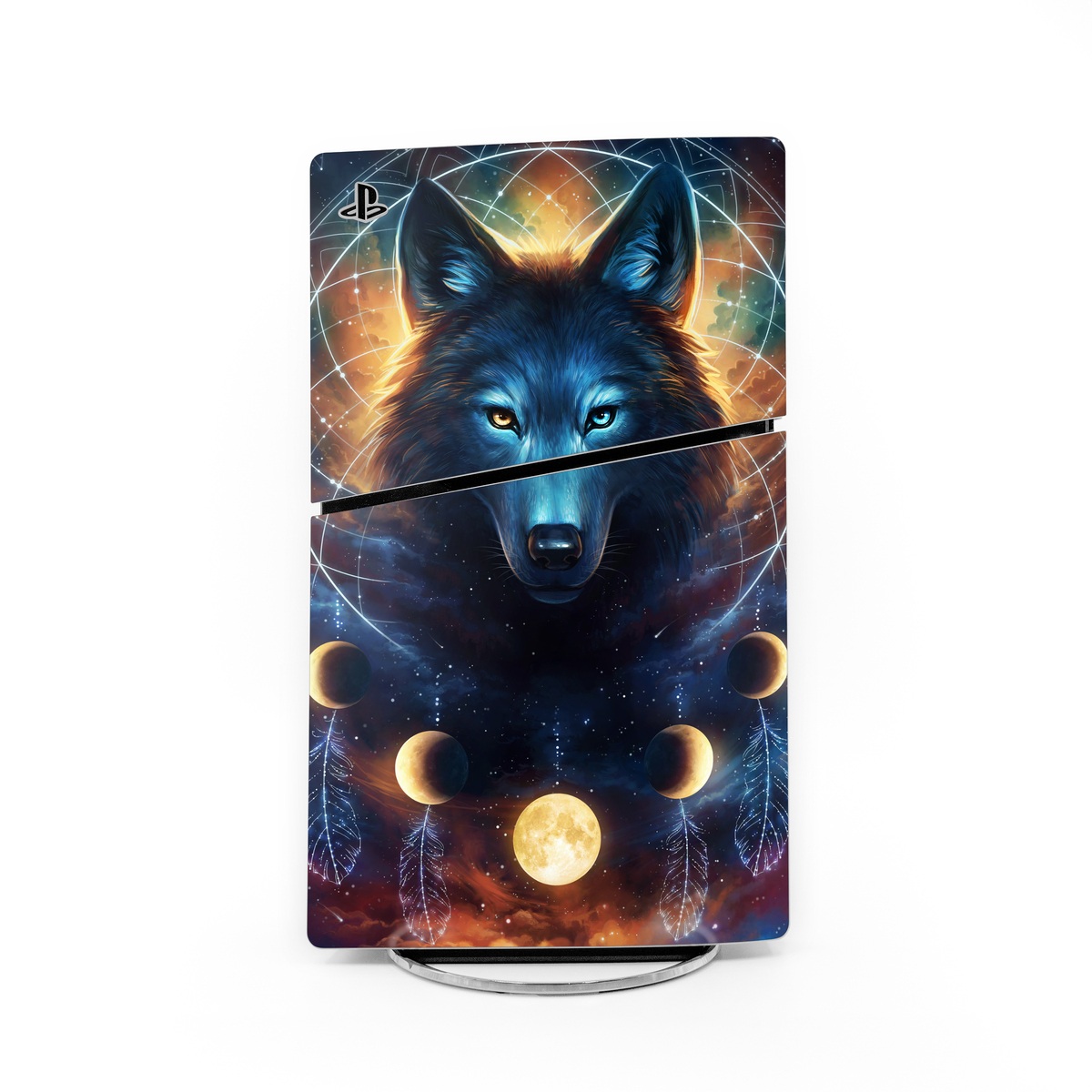 PlayStation 5 Slim Skin design of Light, Nature, Carnivore, Organism, Dog breed, Art, Electric blue, Space, Midnight, Illustration, with black, blue, yellow, orange, green, red, white colors