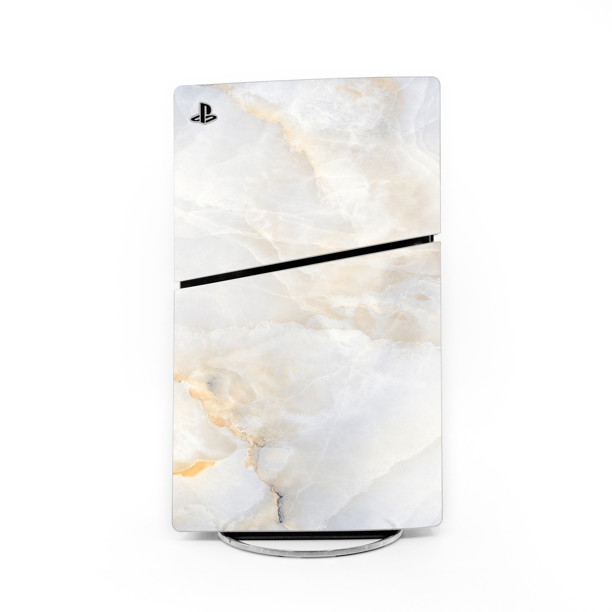 PlayStation 5 Slim Skin design of White, Textile, Flooring, Marble, Paper, Pattern, Fashion accessory, Tile, with white, orange, black, yellow colors