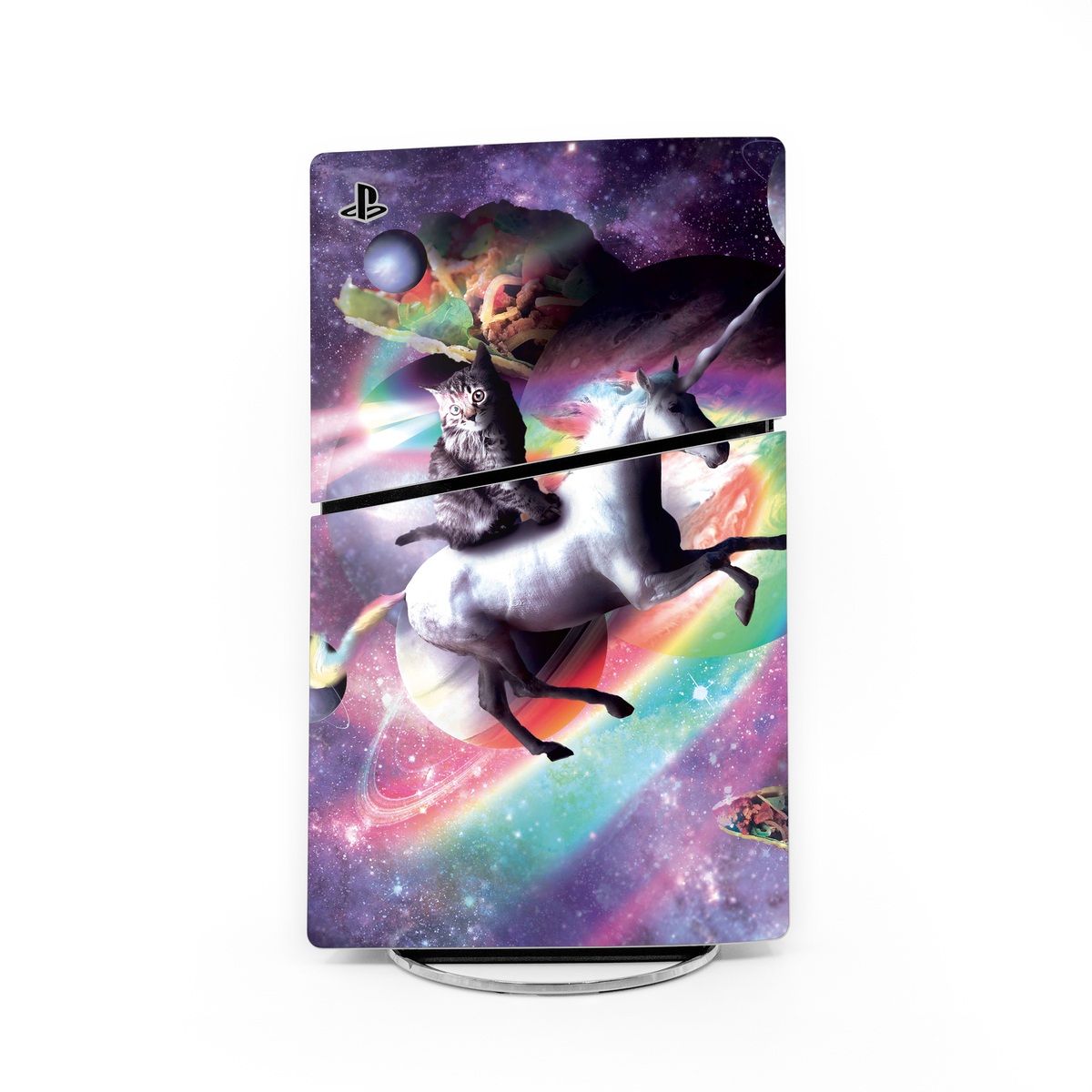 PlayStation 5 Slim Skin design of Illustration, Graphic design, Fictional character, Space, Sky, Astronomical object, Universe, Outer space, Art, Unicorn, with black, white, gray, red, yellow, green, blue, orange colors