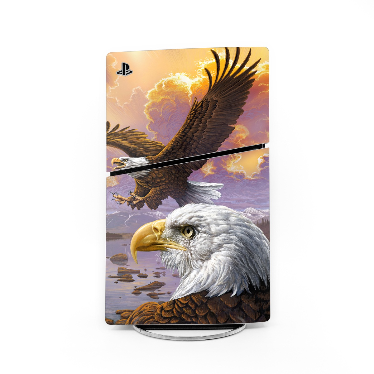 PlayStation 5 Slim Skin design of Bird, Bird of prey, Bald eagle, Vertebrate, Eagle, Accipitriformes, Accipitridae, Golden eagle, Beak, Hawk, with gray, black, green, red, purple colors