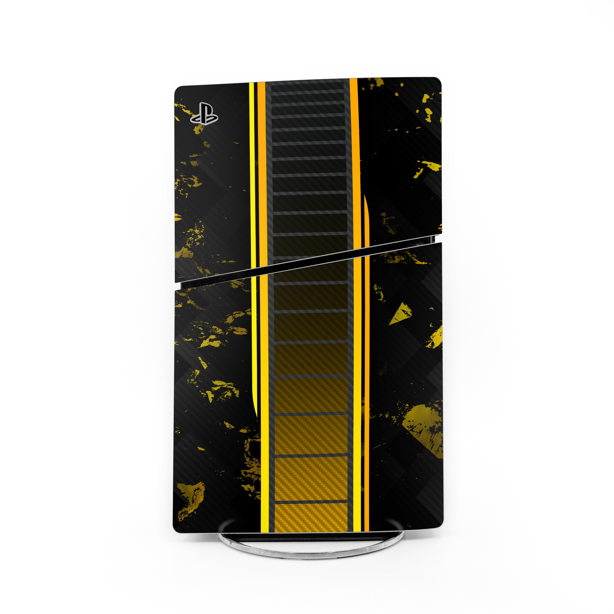 PlayStation 5 Slim Skin design of Yellow, Plant, Font, Symmetry, Terrestrial plant, Tower block, Parallel, Pattern, Tints and shades, Rectangle, with black, yellow, gray, orange colors