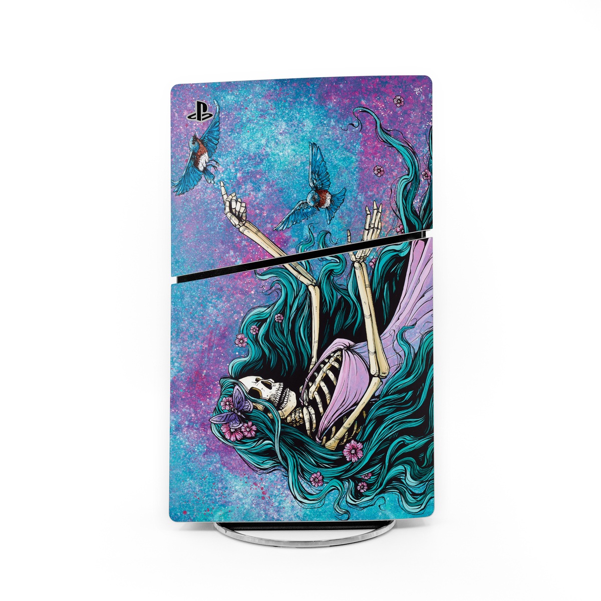PlayStation 5 Slim Skin design of Green, Purple, Painting, Paint, Art, Cg artwork, Mythical creature, Musical instrument, Graffiti, Artist, with blue, purple, white, gray, brown colors