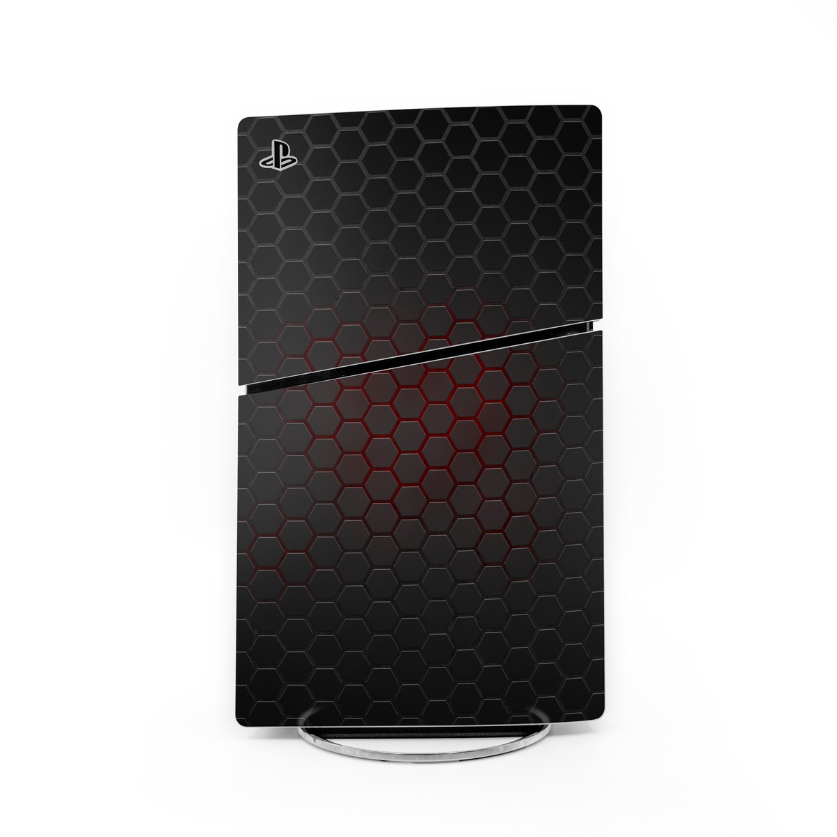 PlayStation 5 Slim Skin design of Black, Pattern, Metal, Design, Mesh, Carbon, Space, Wallpaper, with black, red colors