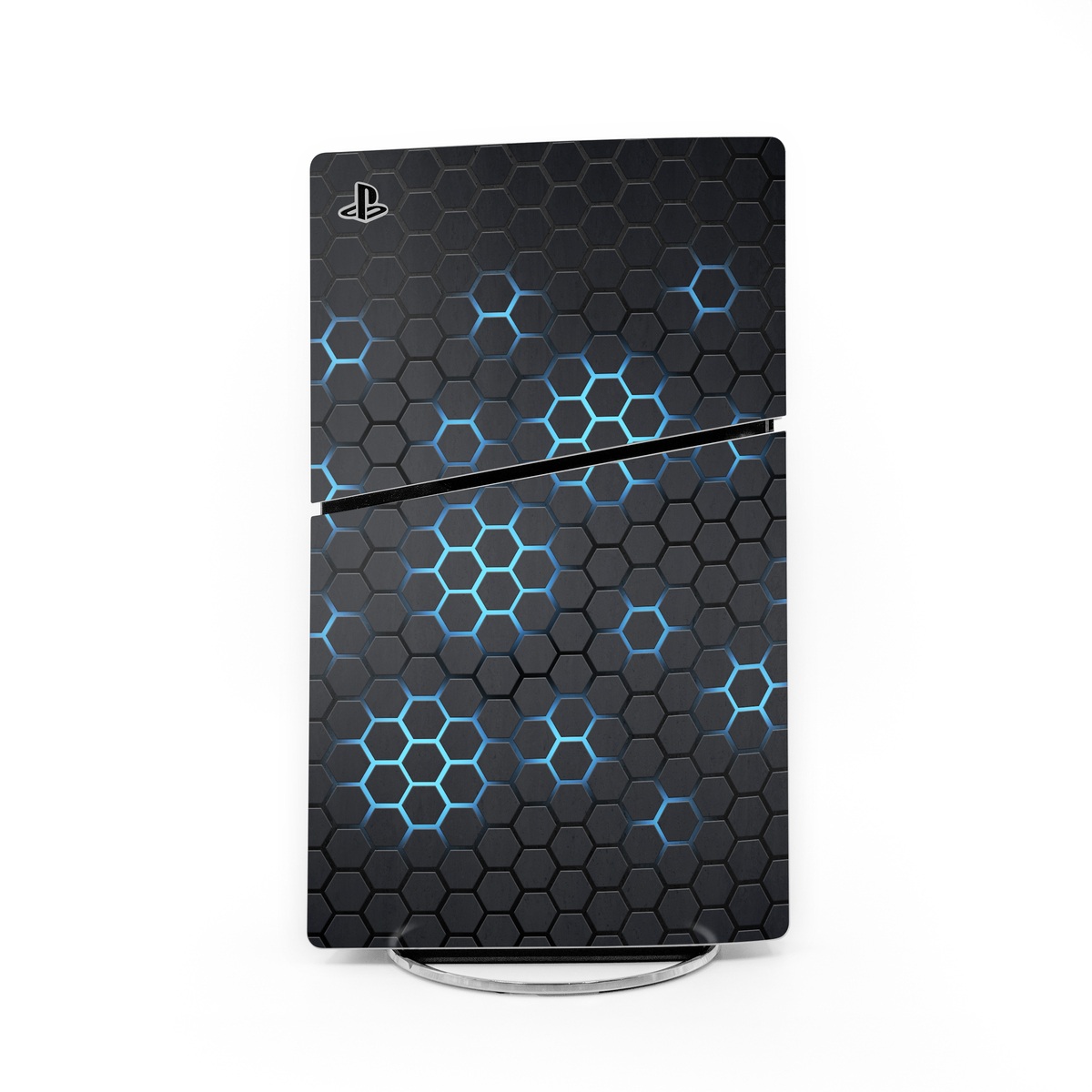 PlayStation 5 Slim Skin design of Pattern, Water, Design, Circle, Metal, Mesh, Sphere, Symmetry, with black, gray, blue colors