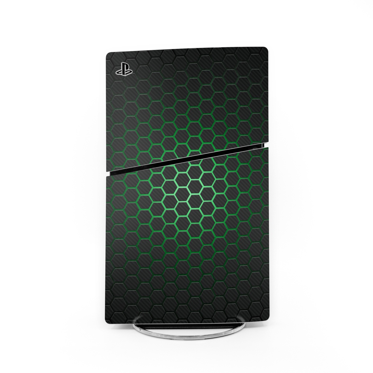 PlayStation 5 Slim Skin design of Pattern, Metal, Design, Carbon, Space, Circle, with black, gray, green colors