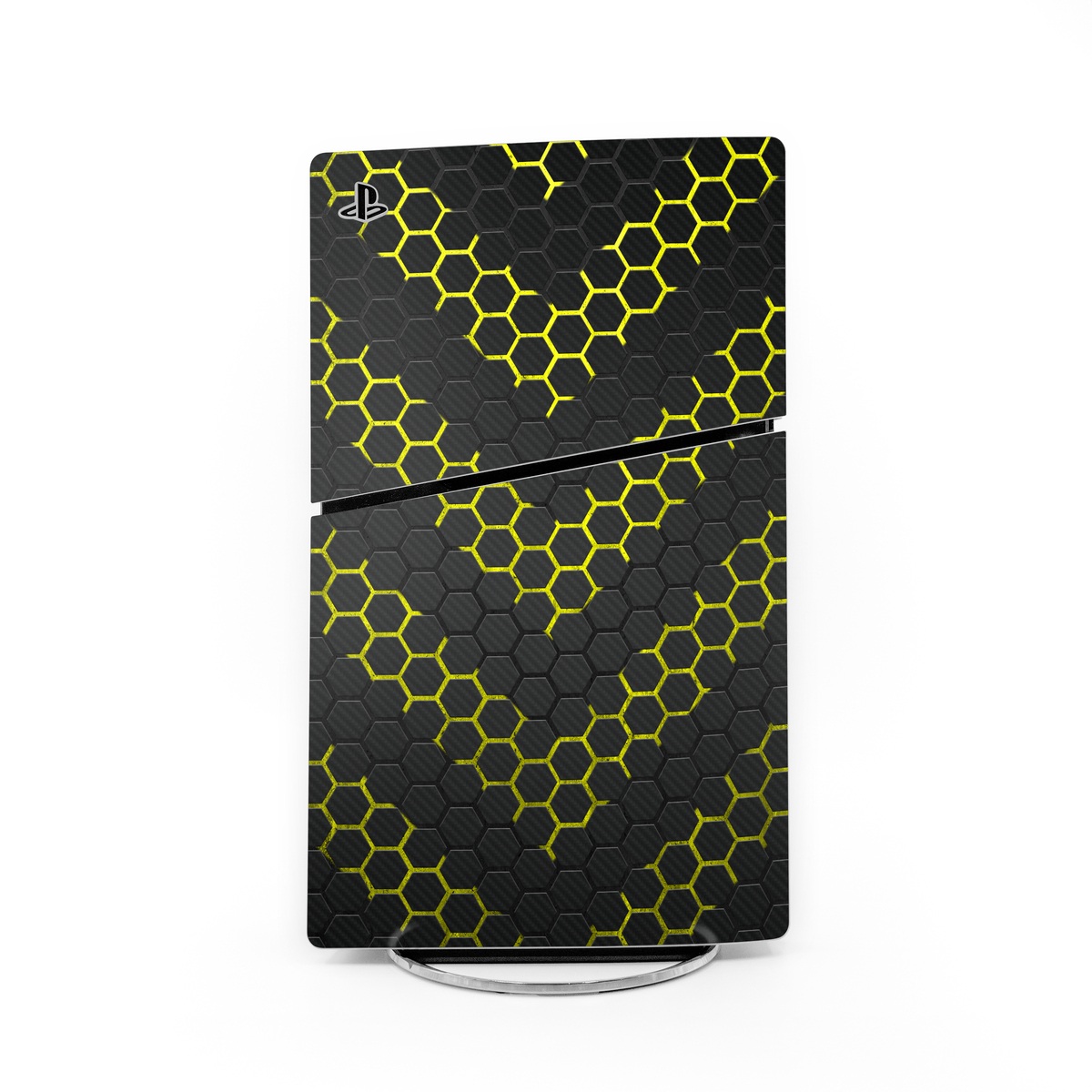 PlayStation 5 Slim Skin design of Black, Pattern, Yellow, Mesh, Net, Chain-link fencing, Design, Metal, with black, gray, yellow colors