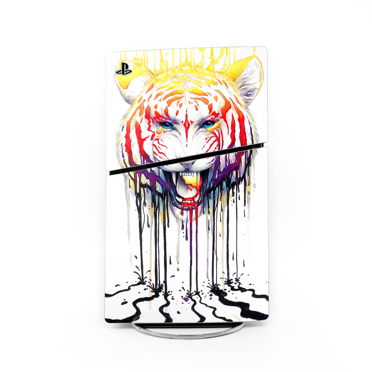 PlayStation 5 Slim Skin design of Jaw, Roar, Organism, Gesture, Art, Font, Felidae, Painting, Illustration, Drawing, with white, black, yellow, red, orange, purple colors
