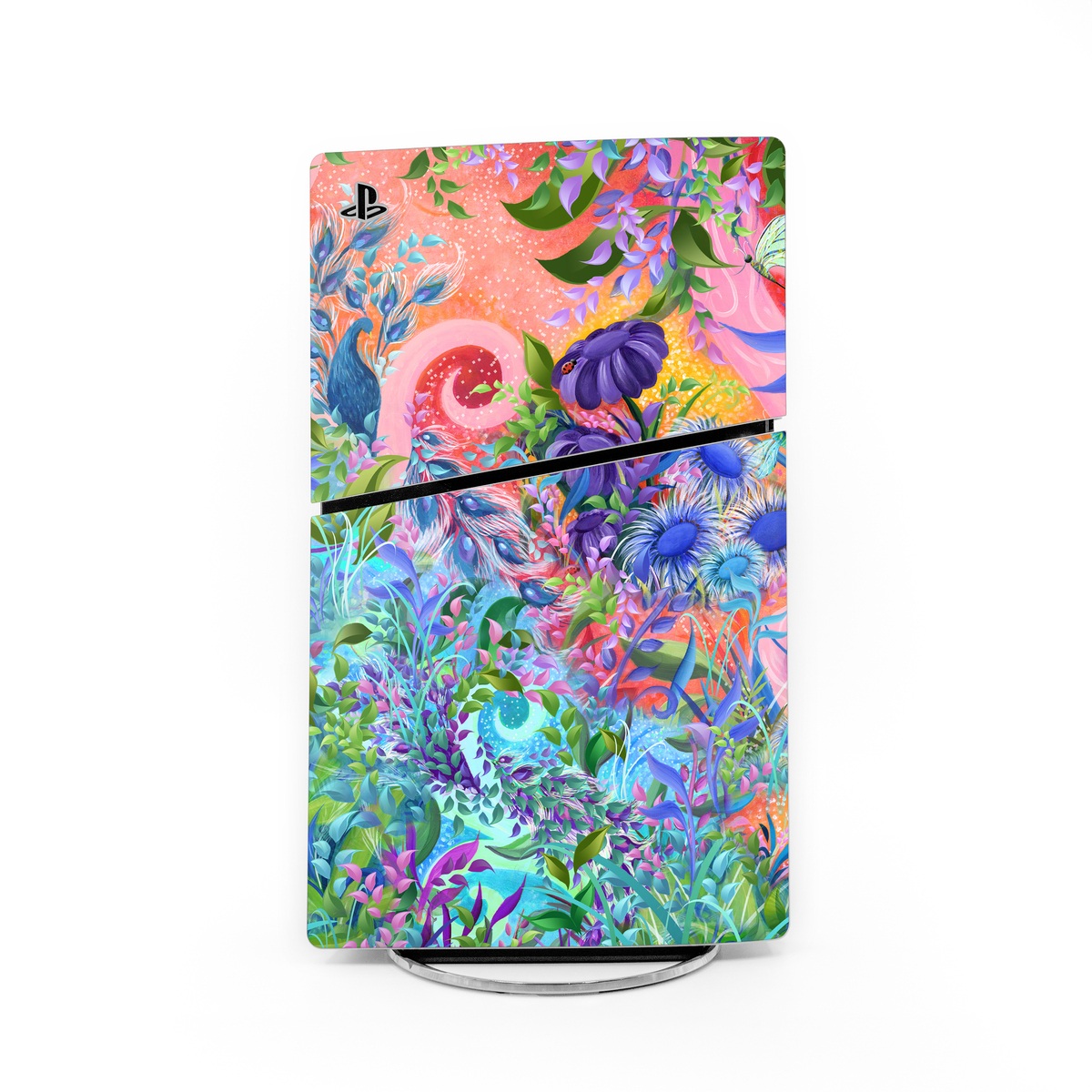 PlayStation 5 Slim Skin design of Psychedelic art, Painting, Art, Acrylic paint, Pattern, Modern art, Visual arts, Textile, Design, Organism, with gray, blue, green, pink colors